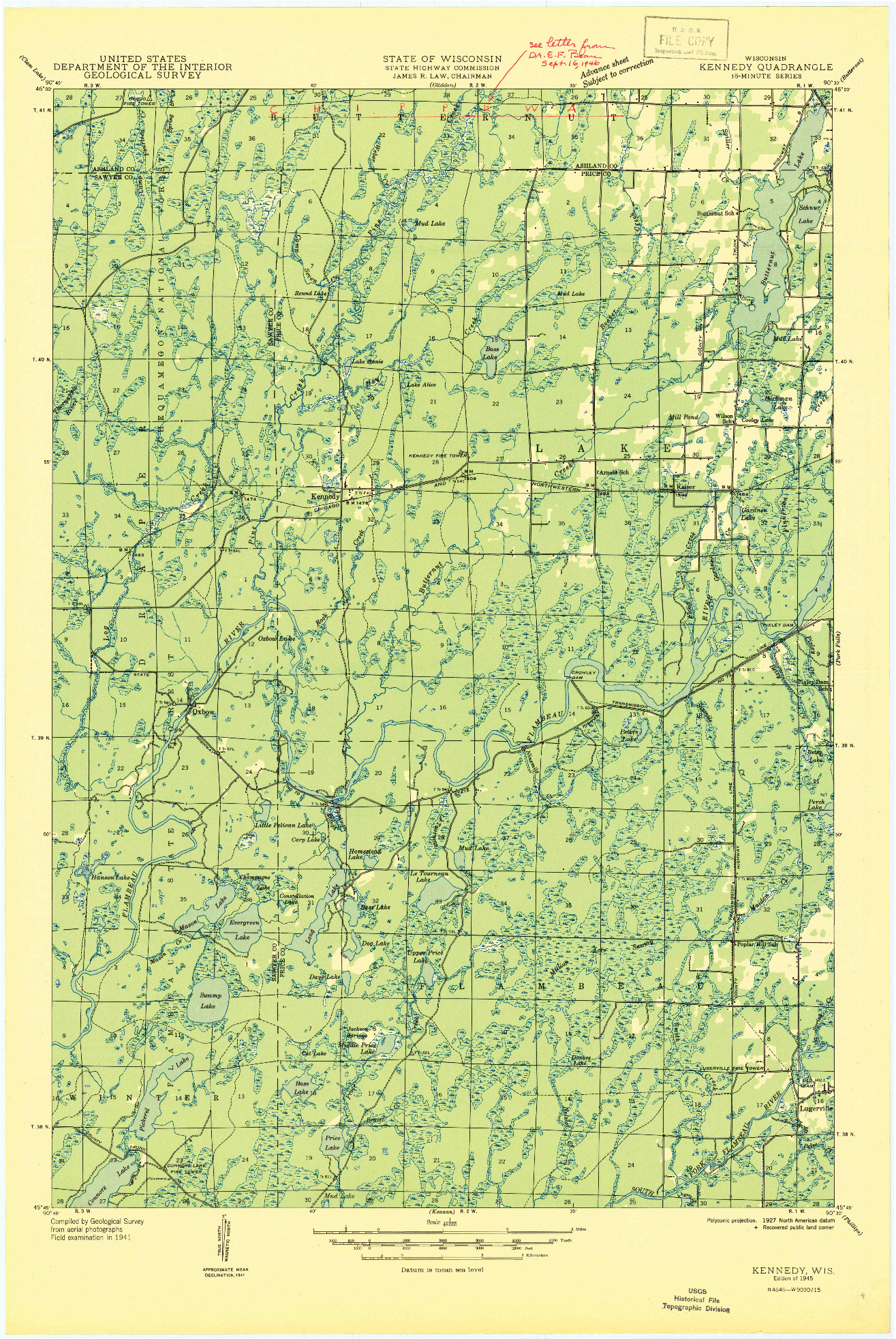 USGS 1:48000-SCALE QUADRANGLE FOR KENNEDY, WI 1945