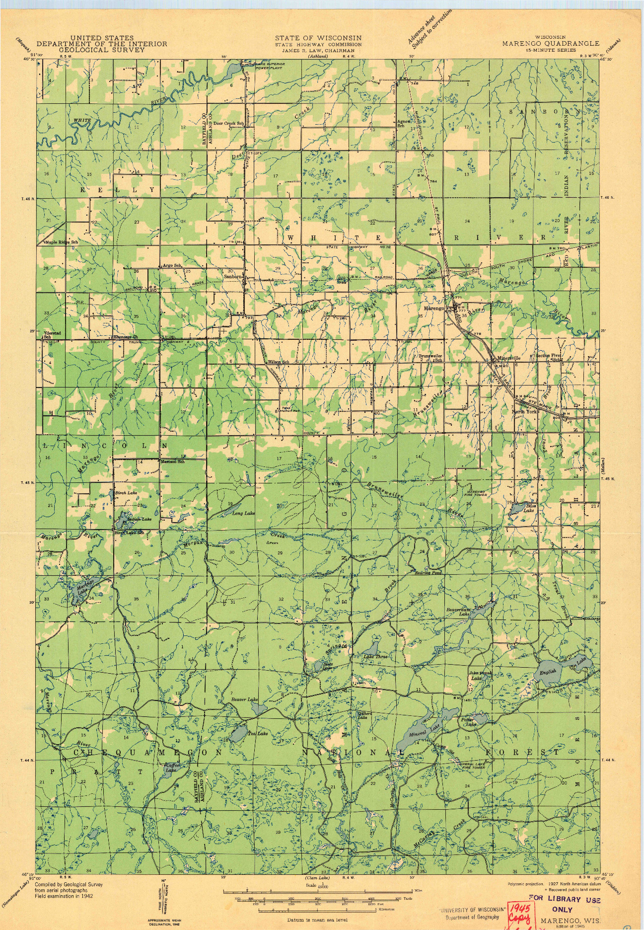 USGS 1:48000-SCALE QUADRANGLE FOR MARENGO, WI 1945
