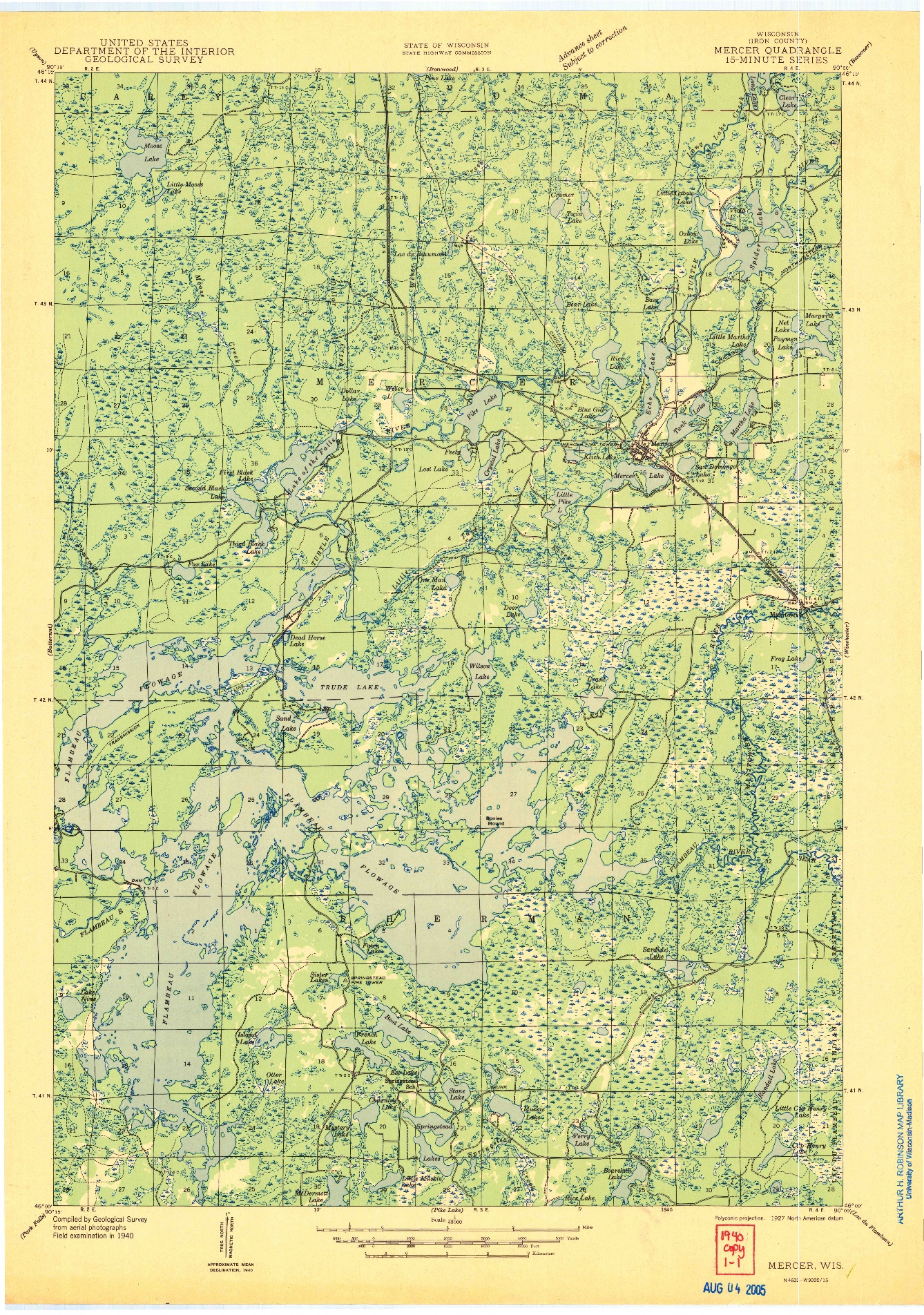 USGS 1:48000-SCALE QUADRANGLE FOR MERCER, WI 1945