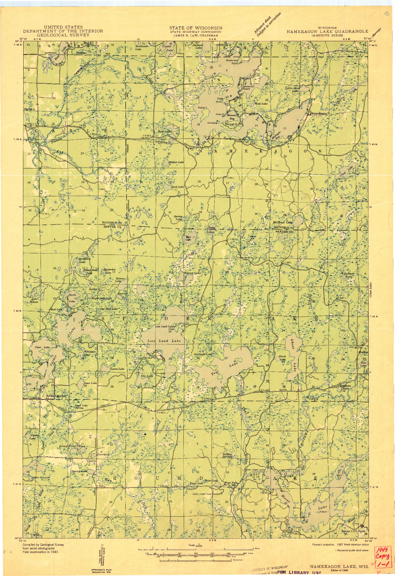 USGS 1:48000-SCALE QUADRANGLE FOR NAMEKAGON LAKE, WI 1945