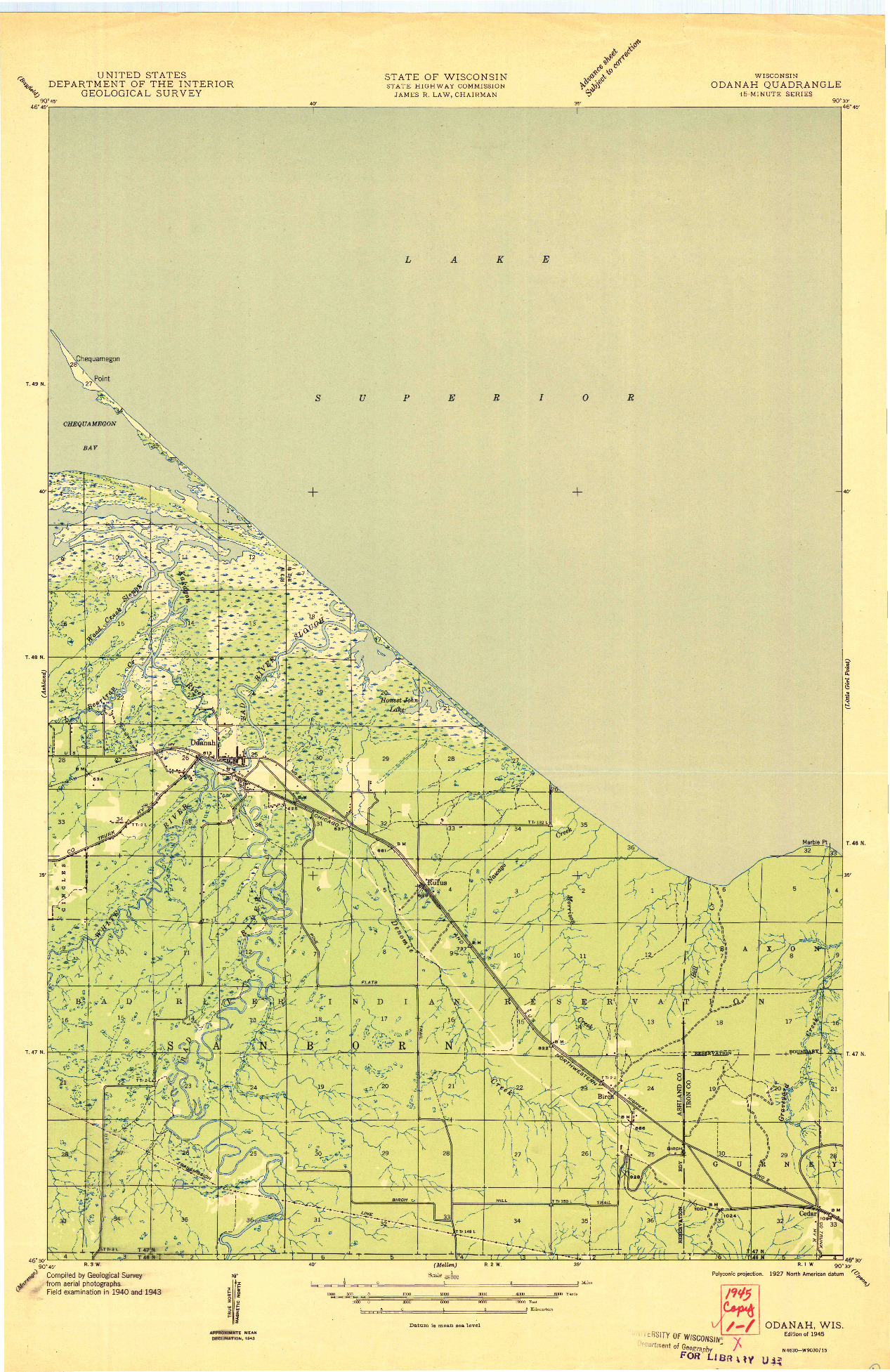 USGS 1:48000-SCALE QUADRANGLE FOR ODANAH, WI 1945