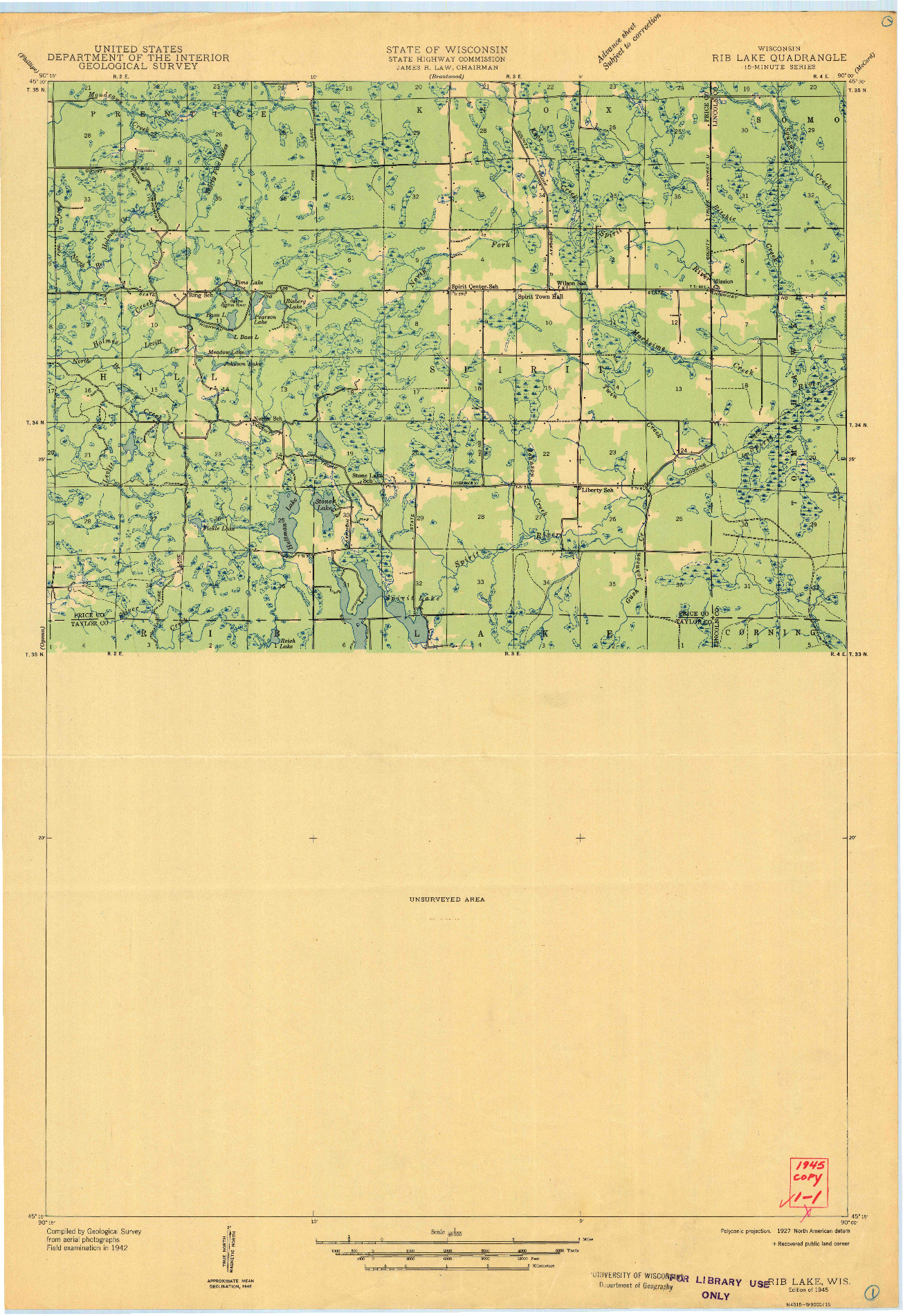 USGS 1:48000-SCALE QUADRANGLE FOR RIB LAKE, WI 1945