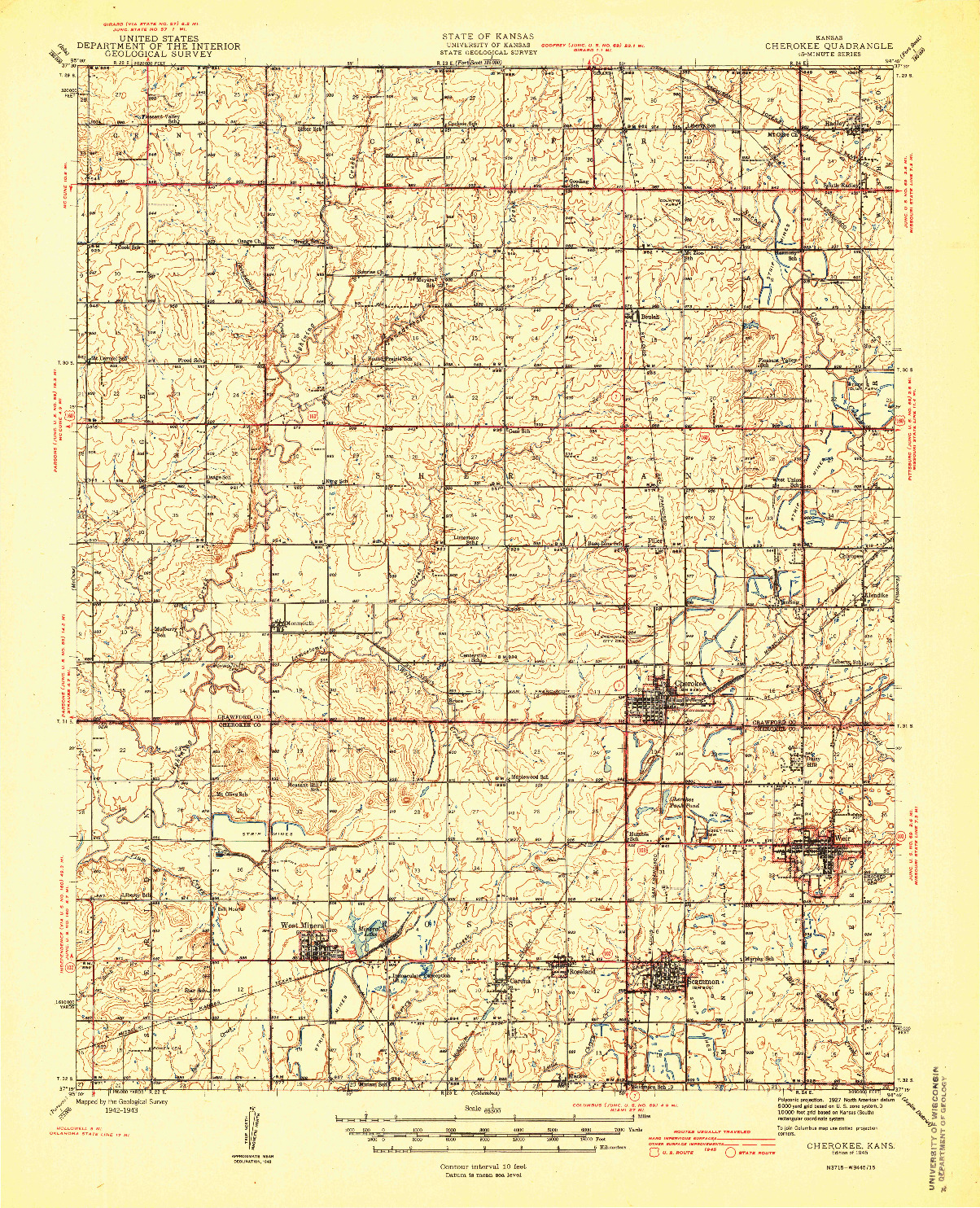 USGS 1:62500-SCALE QUADRANGLE FOR CHEROKEE, KS 1945