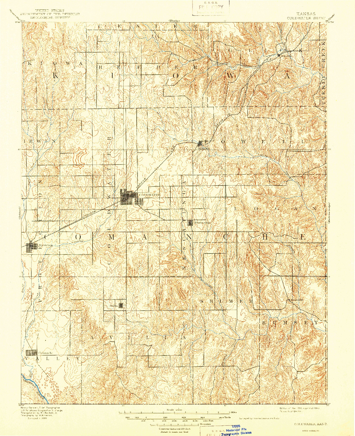 USGS 1:125000-SCALE QUADRANGLE FOR COLDWATER, KS 1892