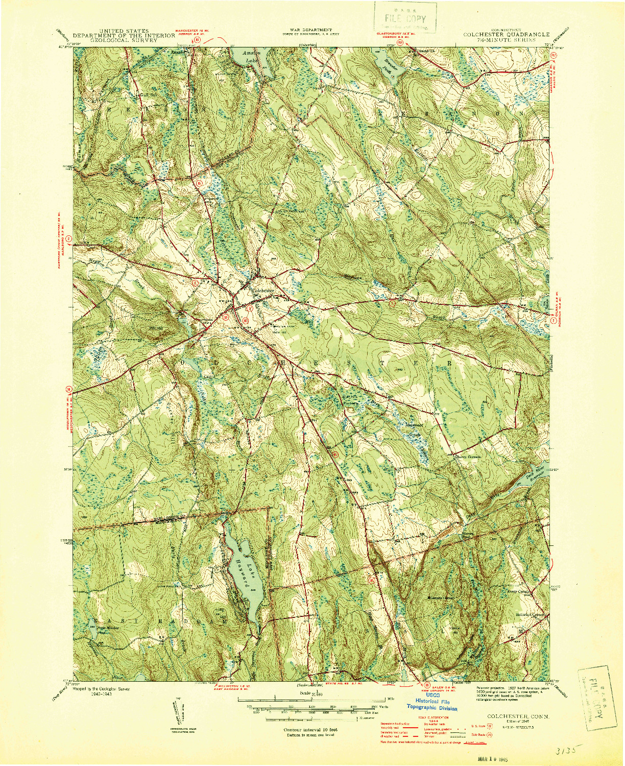 USGS 1:31680-SCALE QUADRANGLE FOR COLCHESTER, CT 1945