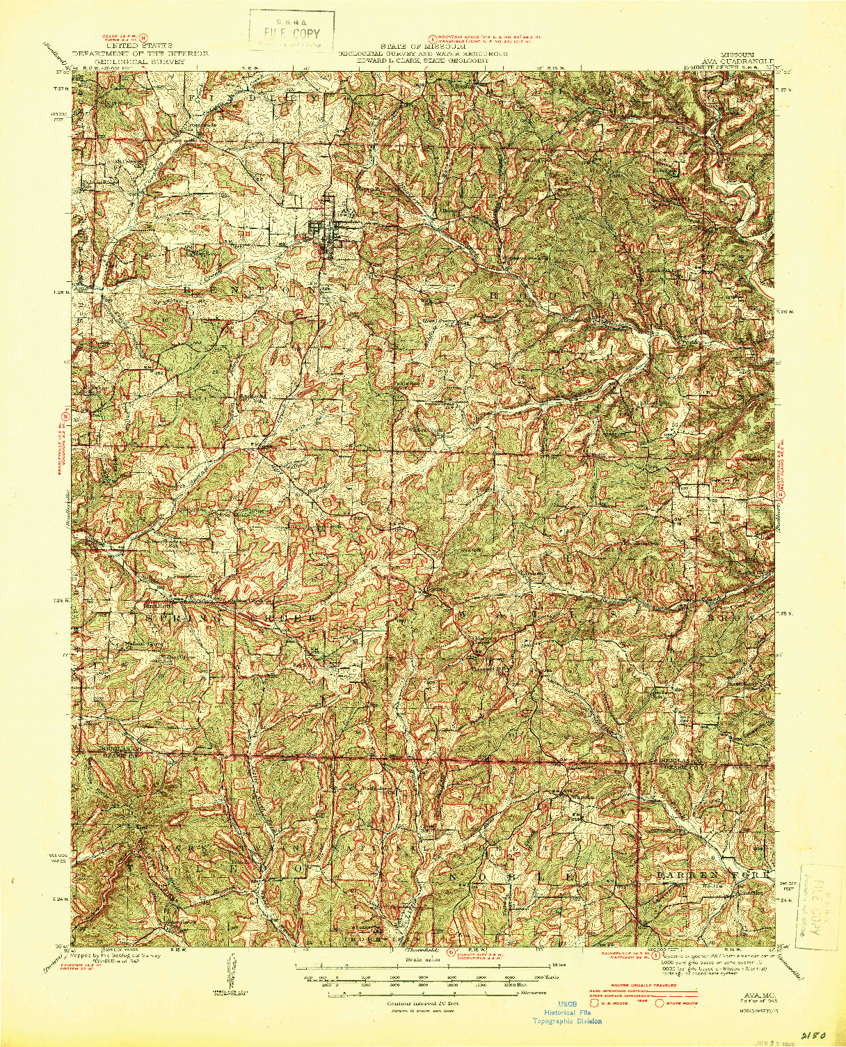 USGS 1:62500-SCALE QUADRANGLE FOR AVA, MO 1945
