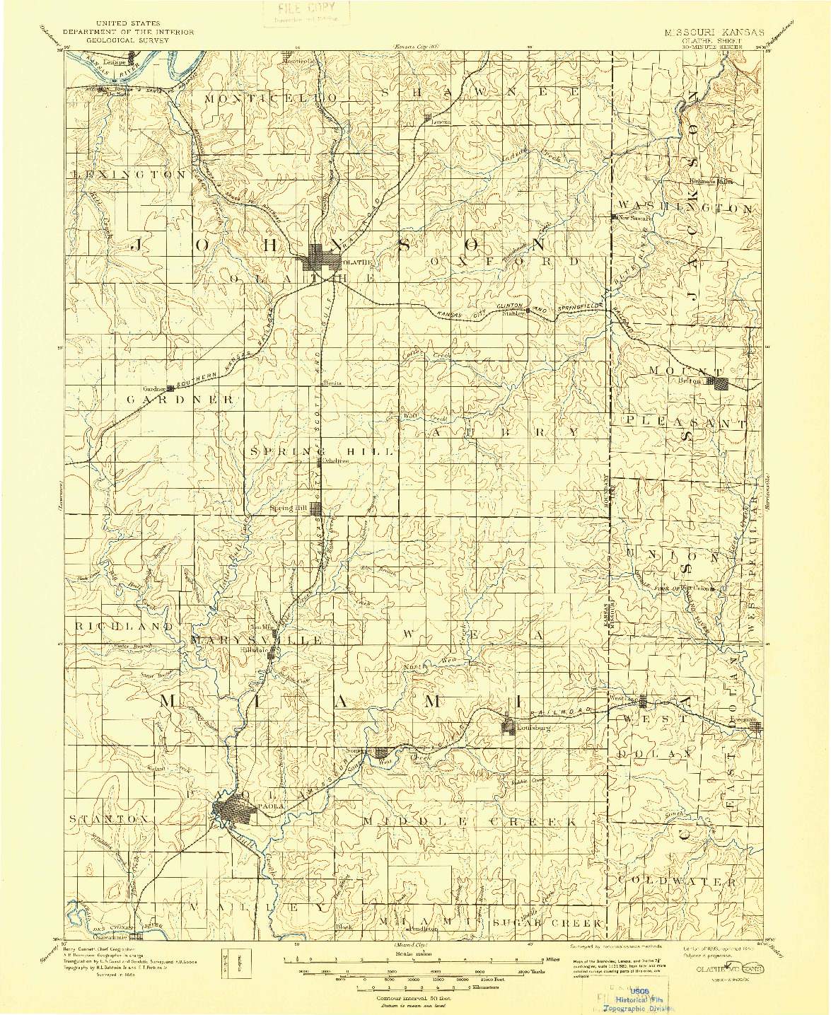 USGS 1:125000-SCALE QUADRANGLE FOR OLATHE, MO 1893