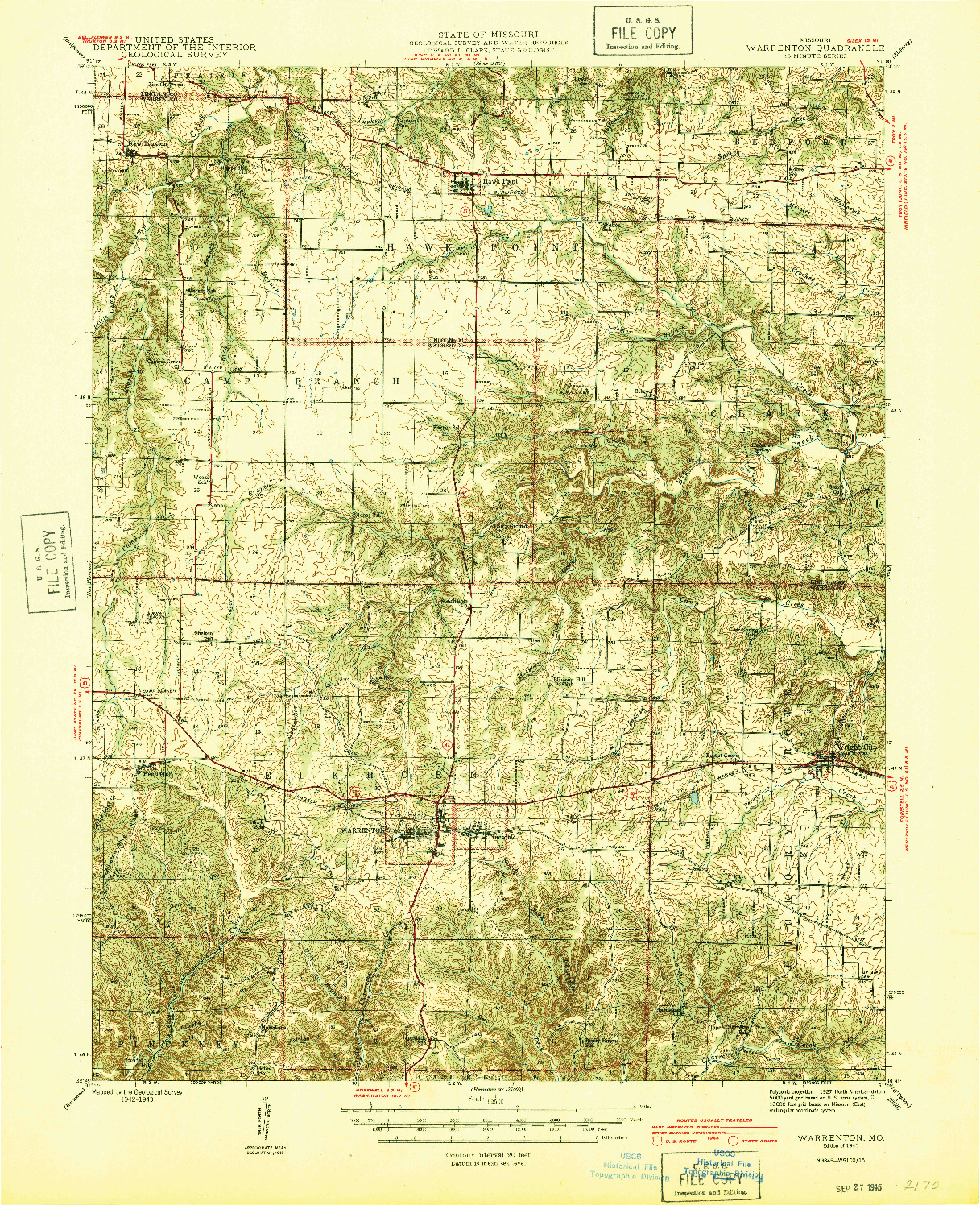 USGS 1:62500-SCALE QUADRANGLE FOR WARRENTON, MO 1945