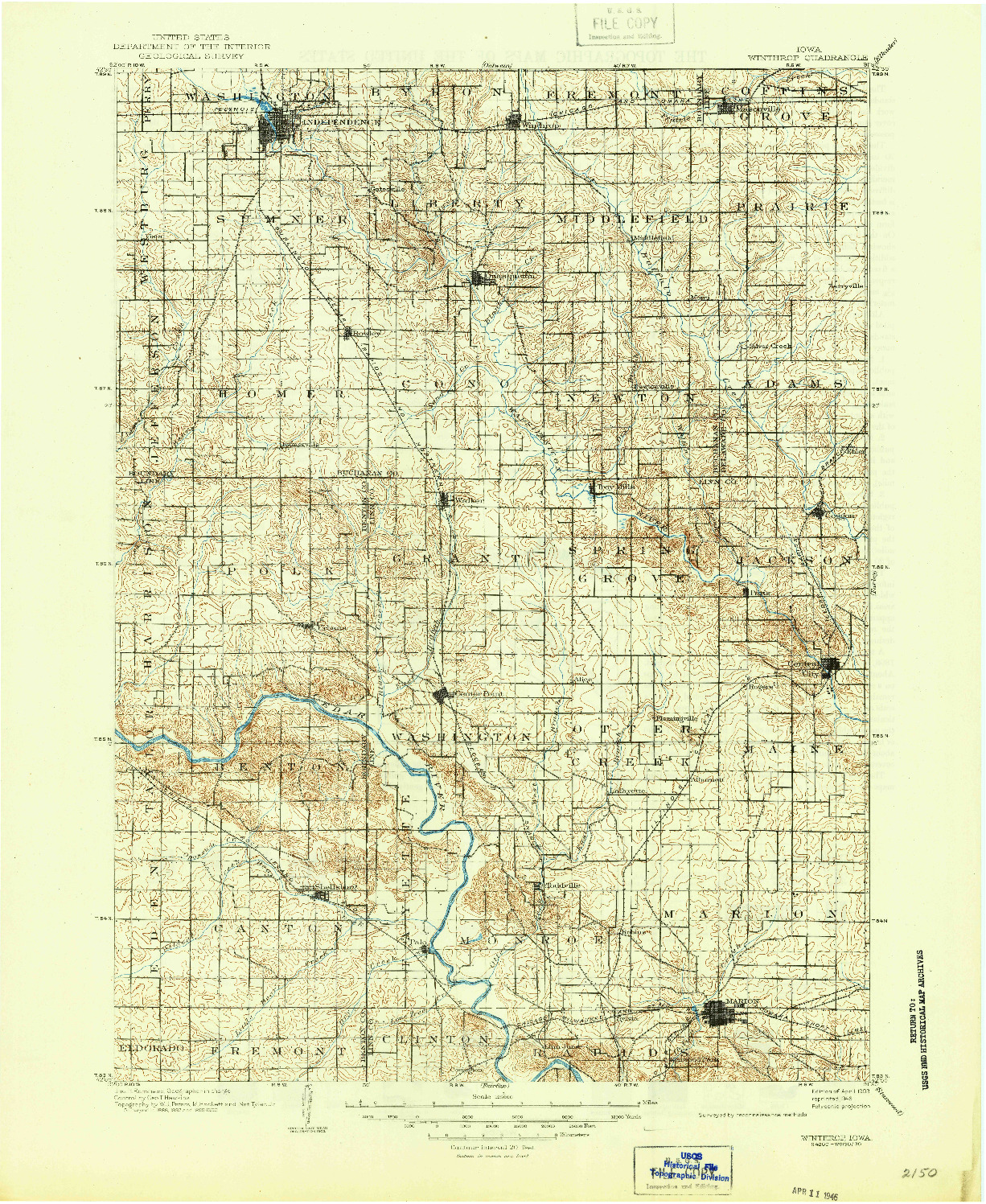 USGS 1:125000-SCALE QUADRANGLE FOR WINTHROP, IA 1903