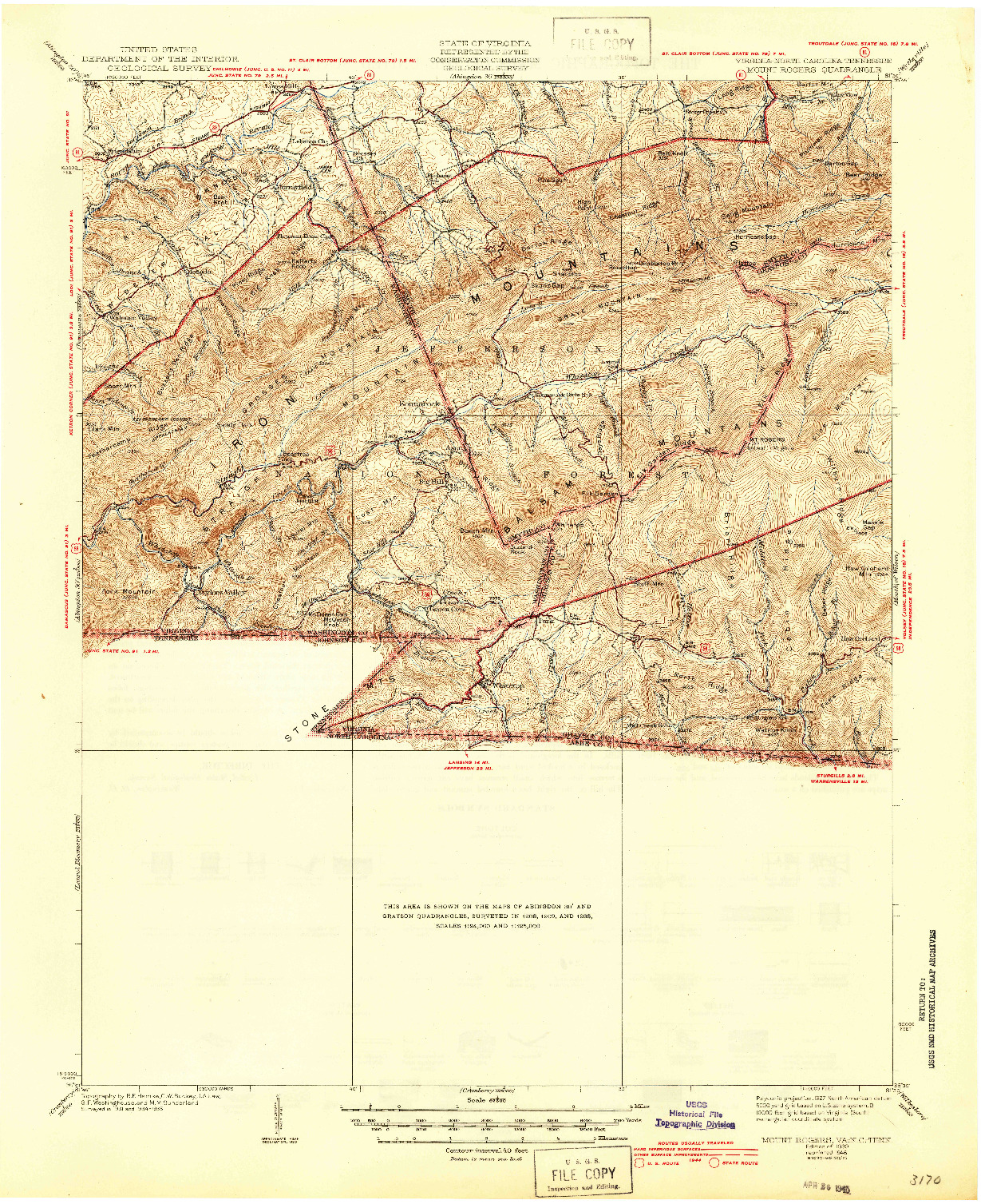 USGS 1:62500-SCALE QUADRANGLE FOR MOUNT ROGERS, VA 1939