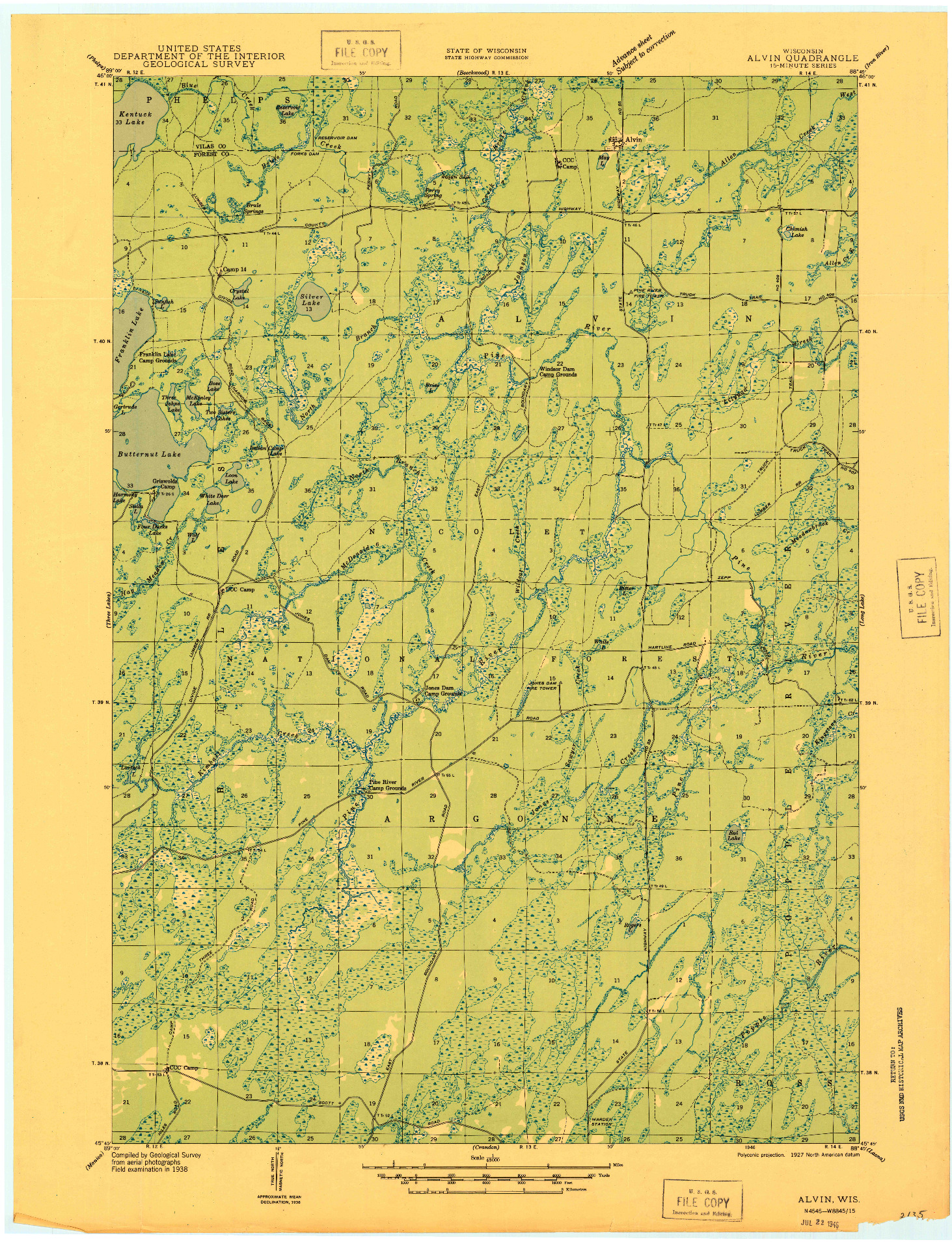 USGS 1:48000-SCALE QUADRANGLE FOR ALVIN, WI 1946