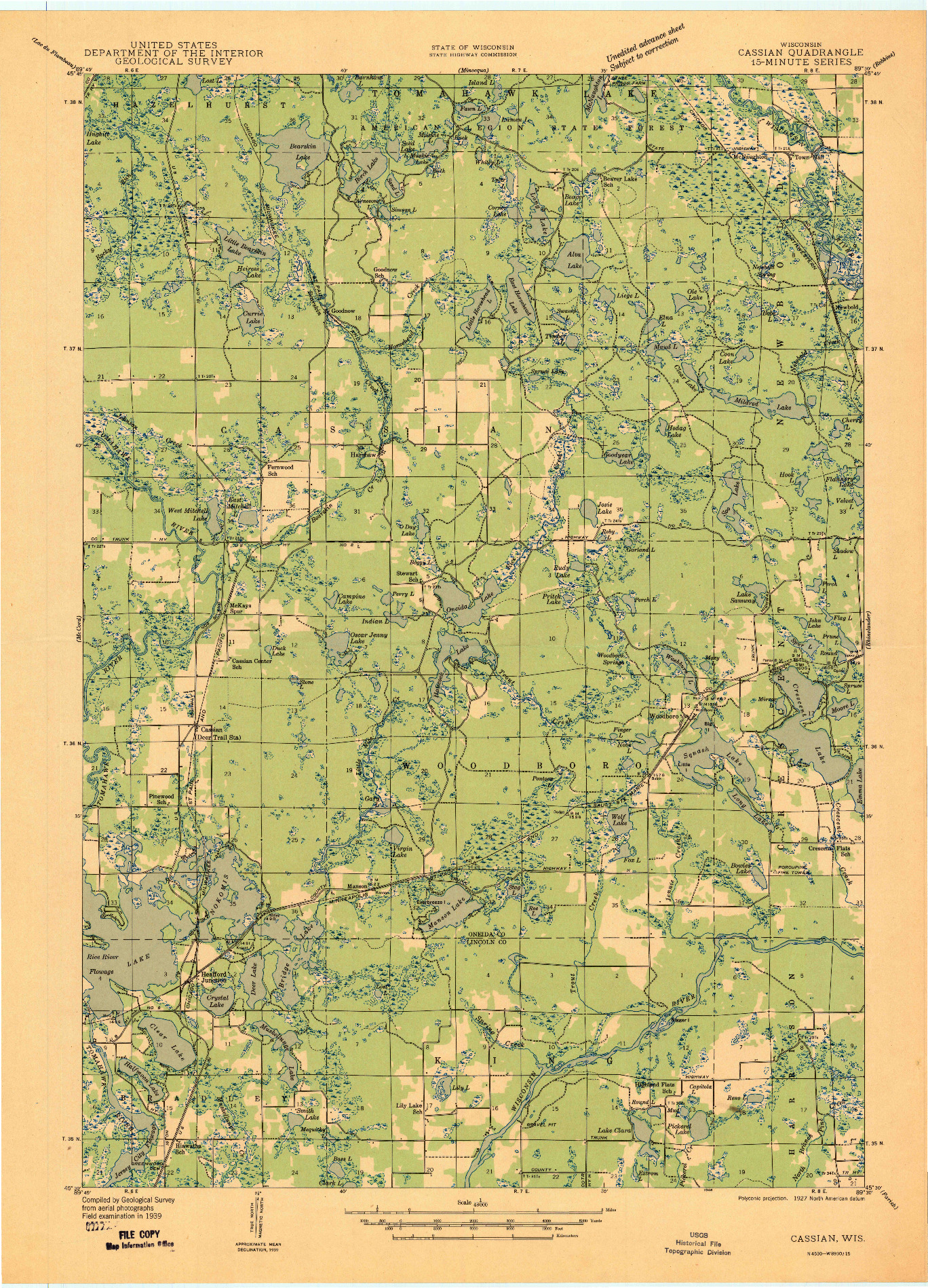 USGS 1:48000-SCALE QUADRANGLE FOR CASSIAN, WI 1939