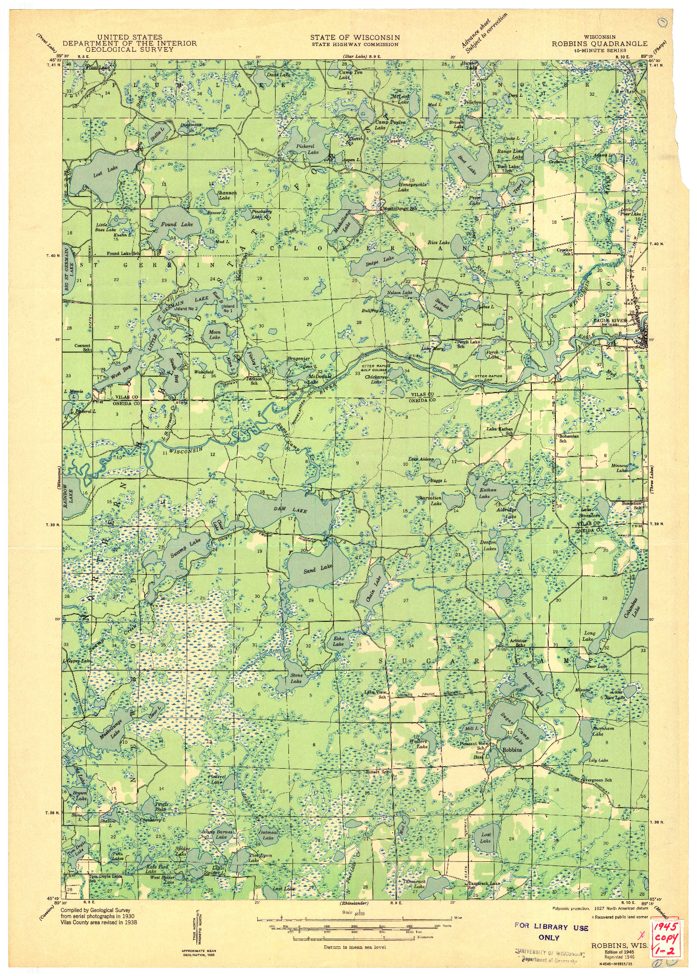 USGS 1:48000-SCALE QUADRANGLE FOR ROBBINS, WI 1945