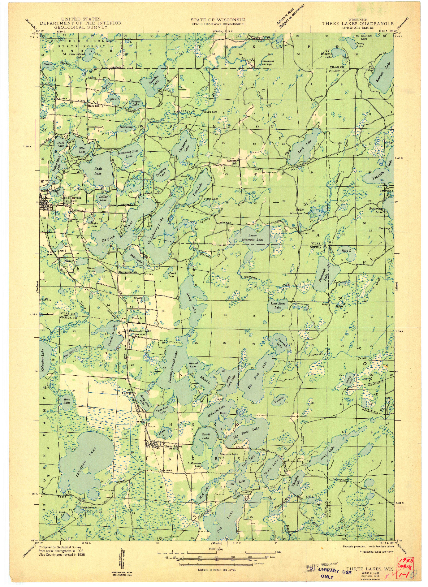 USGS 1:48000-SCALE QUADRANGLE FOR THREE LAKES, WI 1945