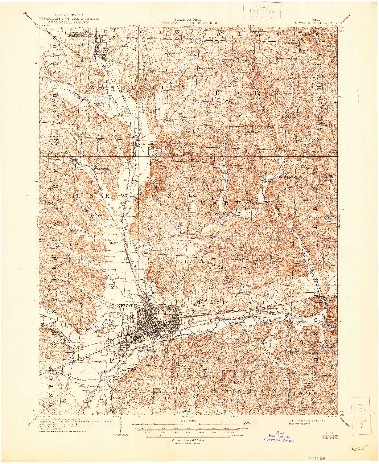 USGS 1:62500-SCALE QUADRANGLE FOR NEWARK, OH 1909