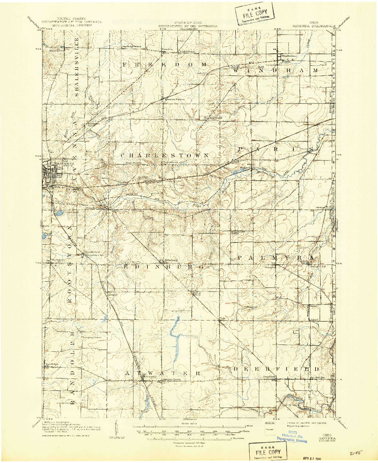 USGS 1:62500-SCALE QUADRANGLE FOR RAVENNA, OH 1908