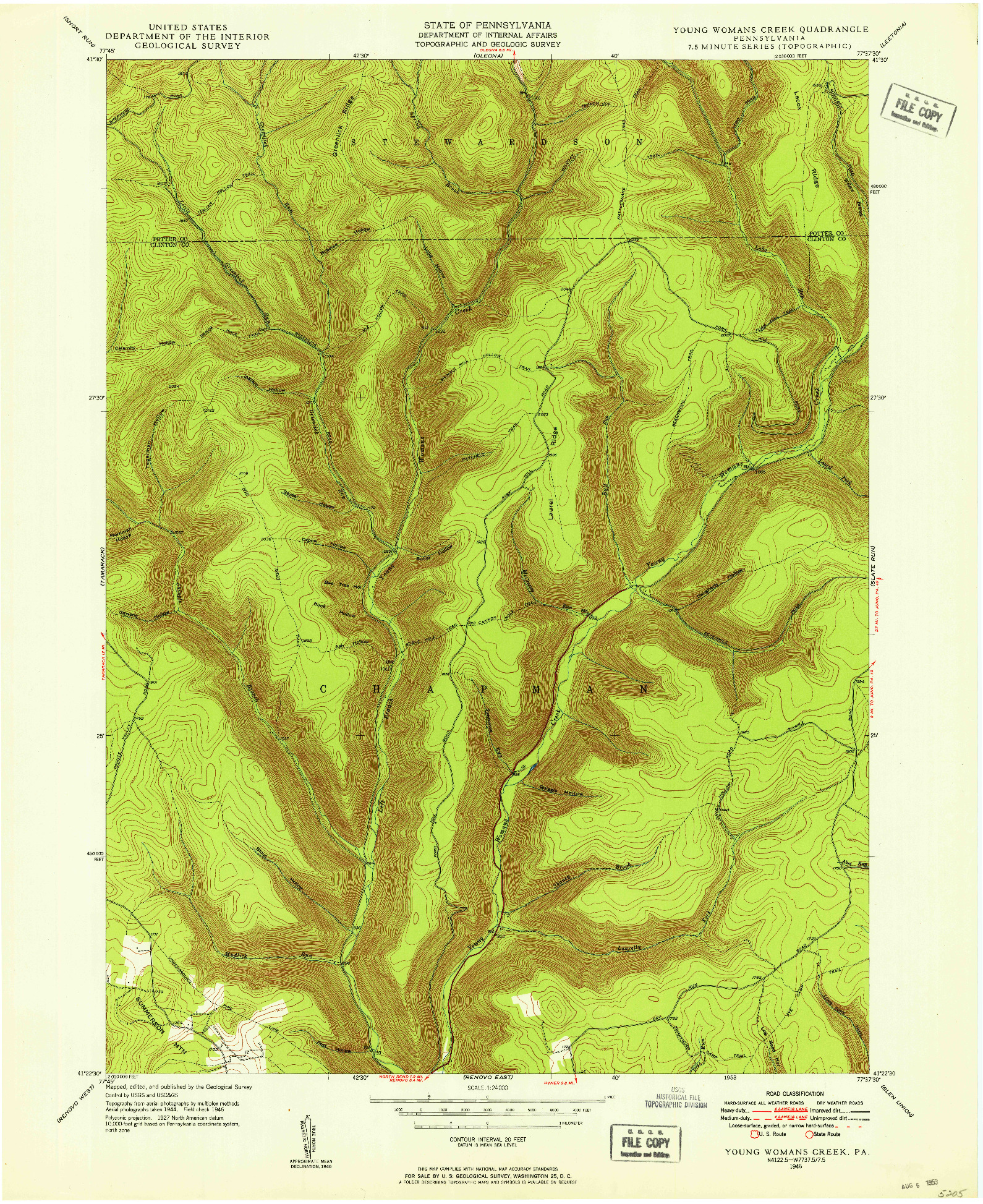 USGS 1:24000-SCALE QUADRANGLE FOR YOUNG WOMANS CREEK, PA 1946