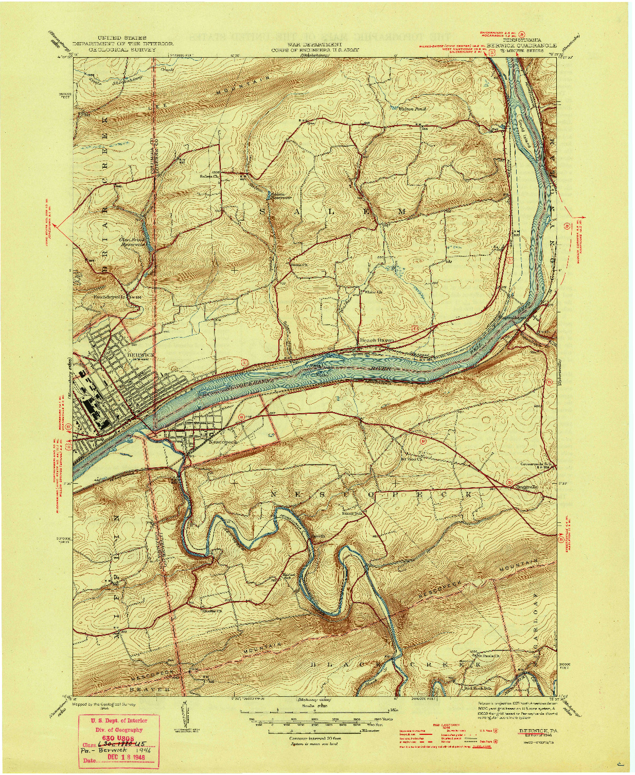 USGS 1:31680-SCALE QUADRANGLE FOR BERWICK, PA 1946