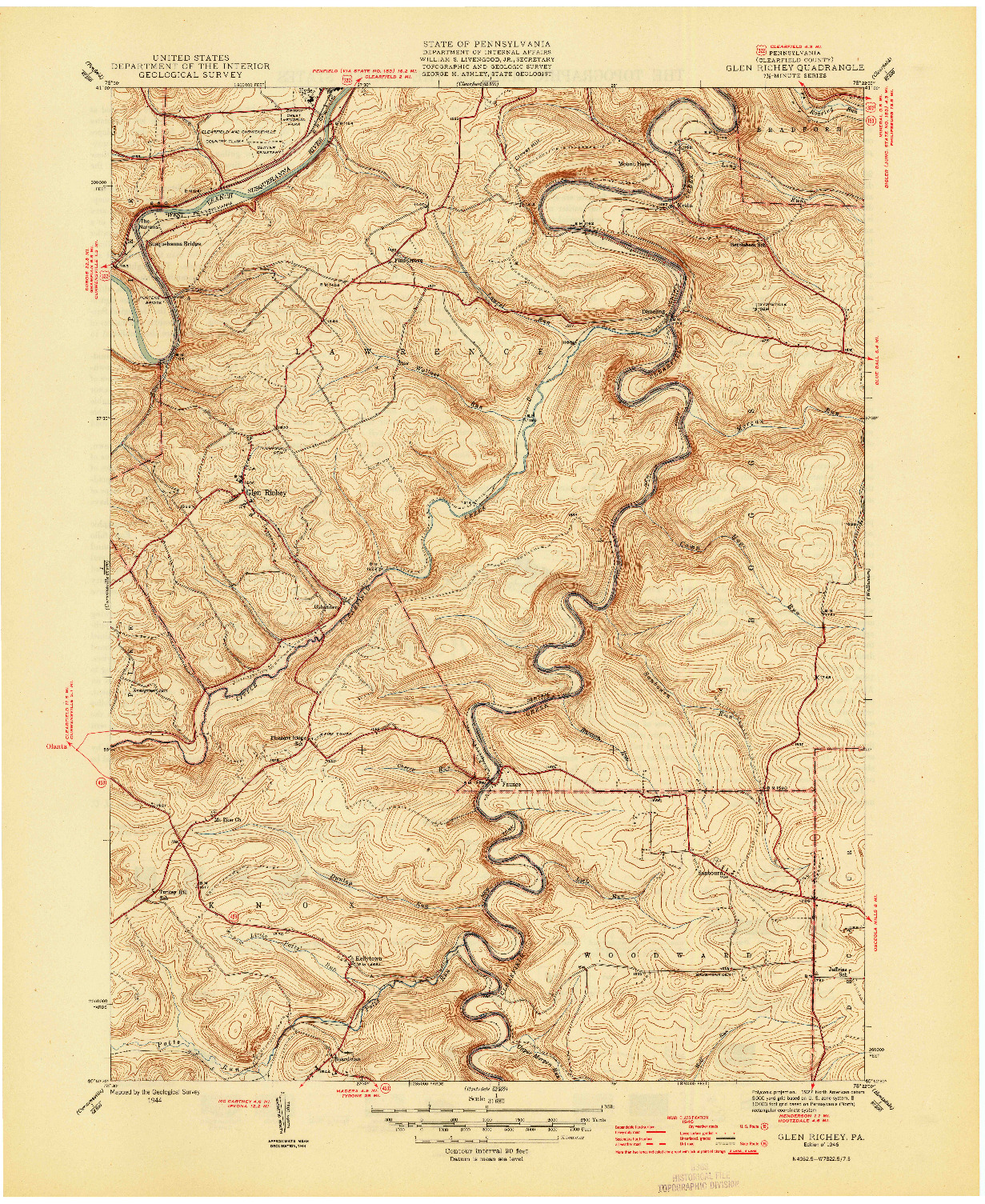 USGS 1:31680-SCALE QUADRANGLE FOR GLEN RICHEY, PA 1946