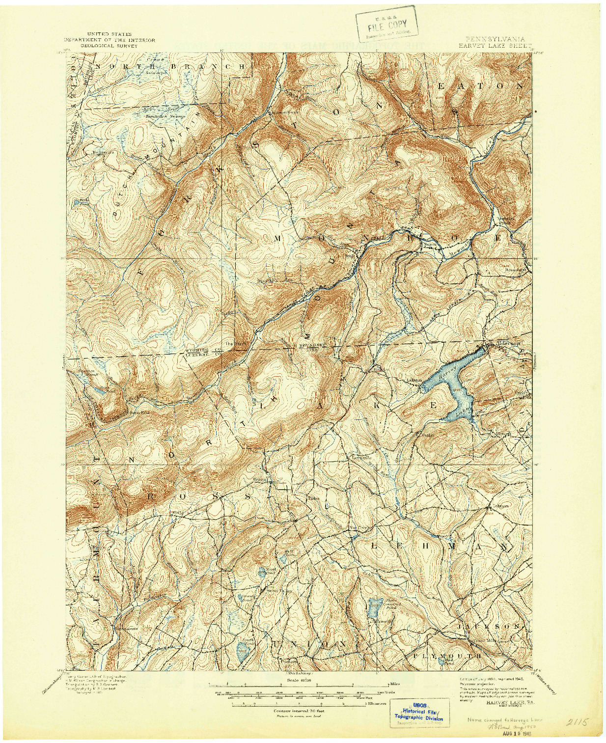 USGS 1:62500-SCALE QUADRANGLE FOR HARVEY LAKE, PA 1893