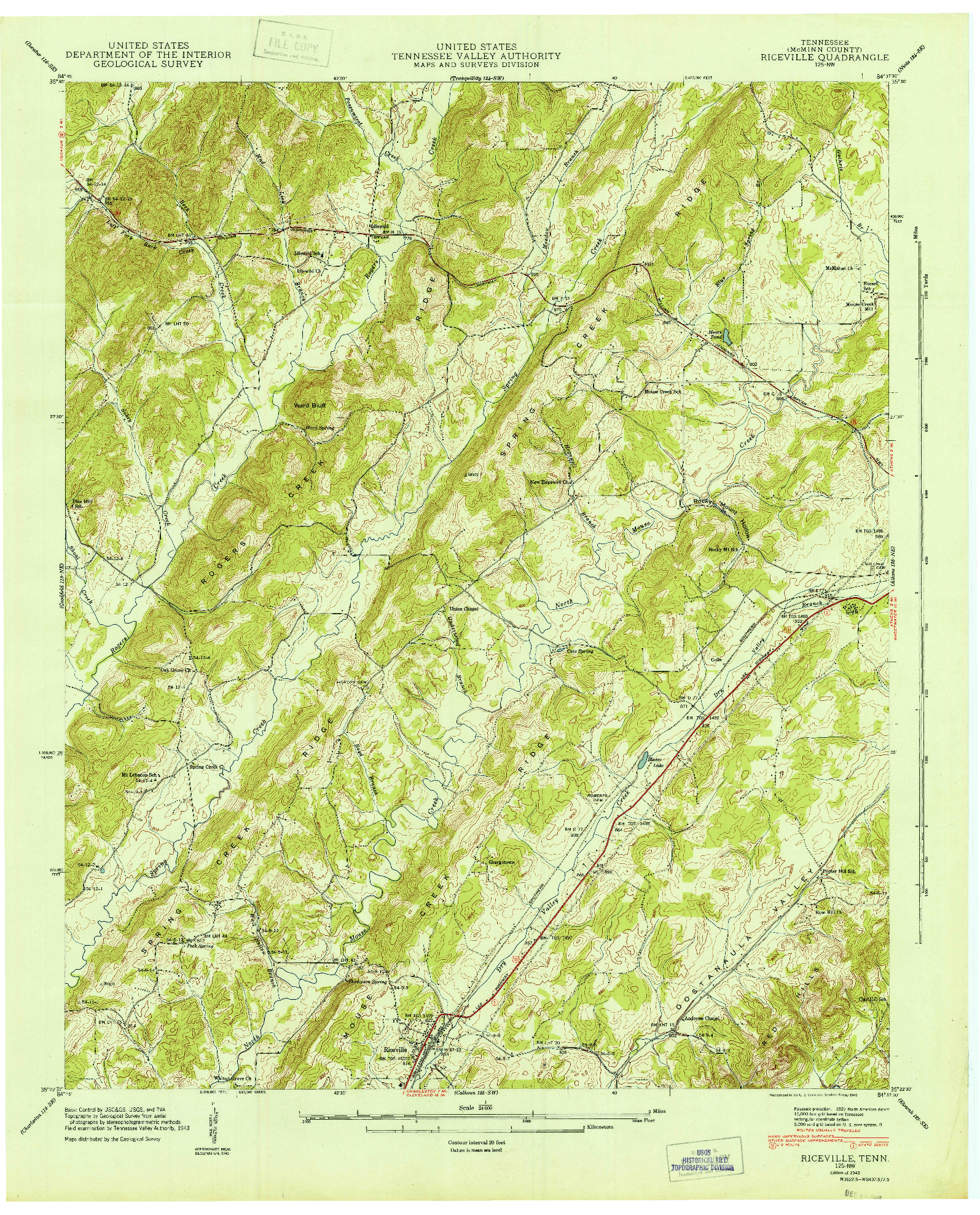 USGS 1:24000-SCALE QUADRANGLE FOR RICEVILLE, TN 1943