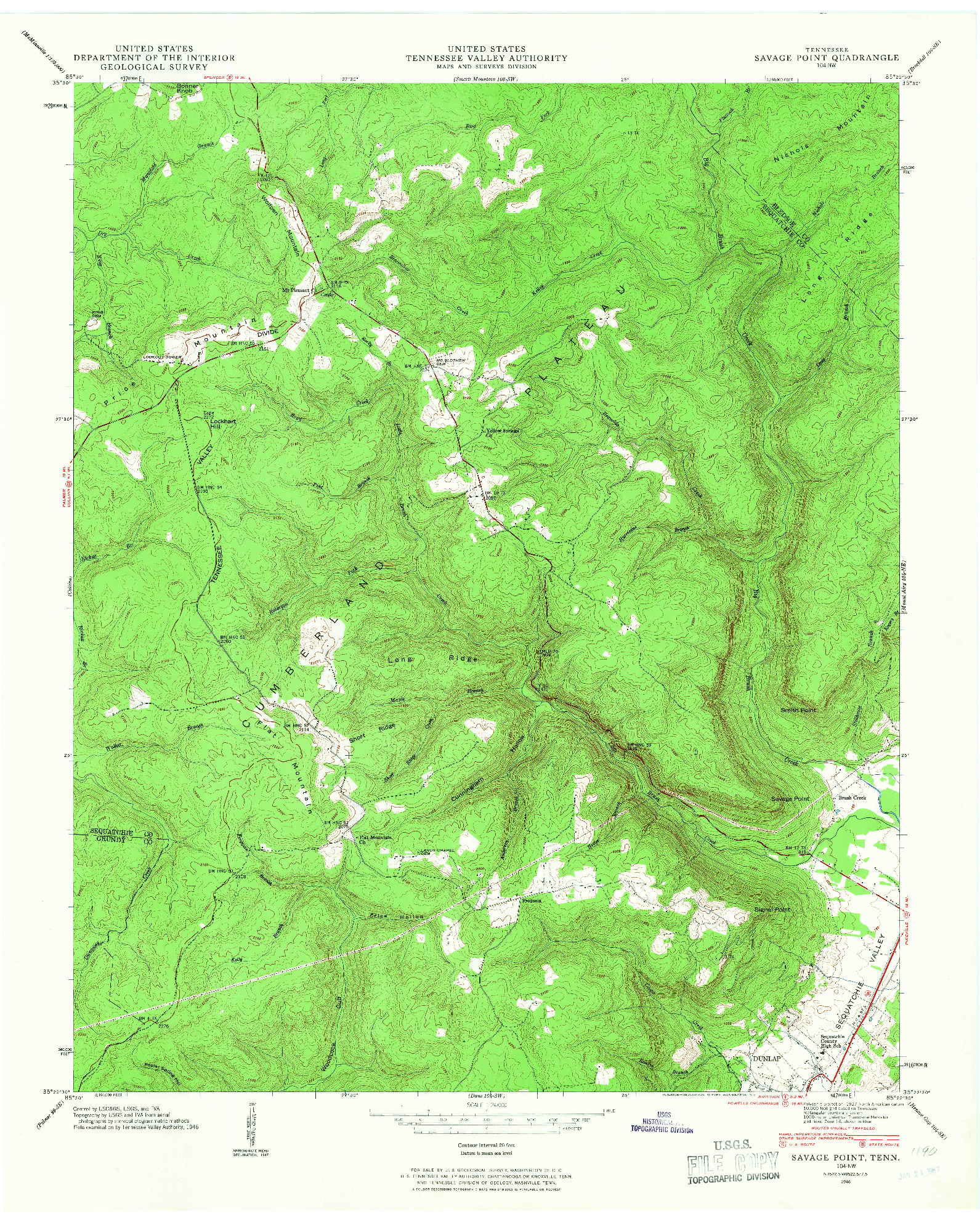 USGS 1:24000-SCALE QUADRANGLE FOR SAVAGE POINT, TN 1946