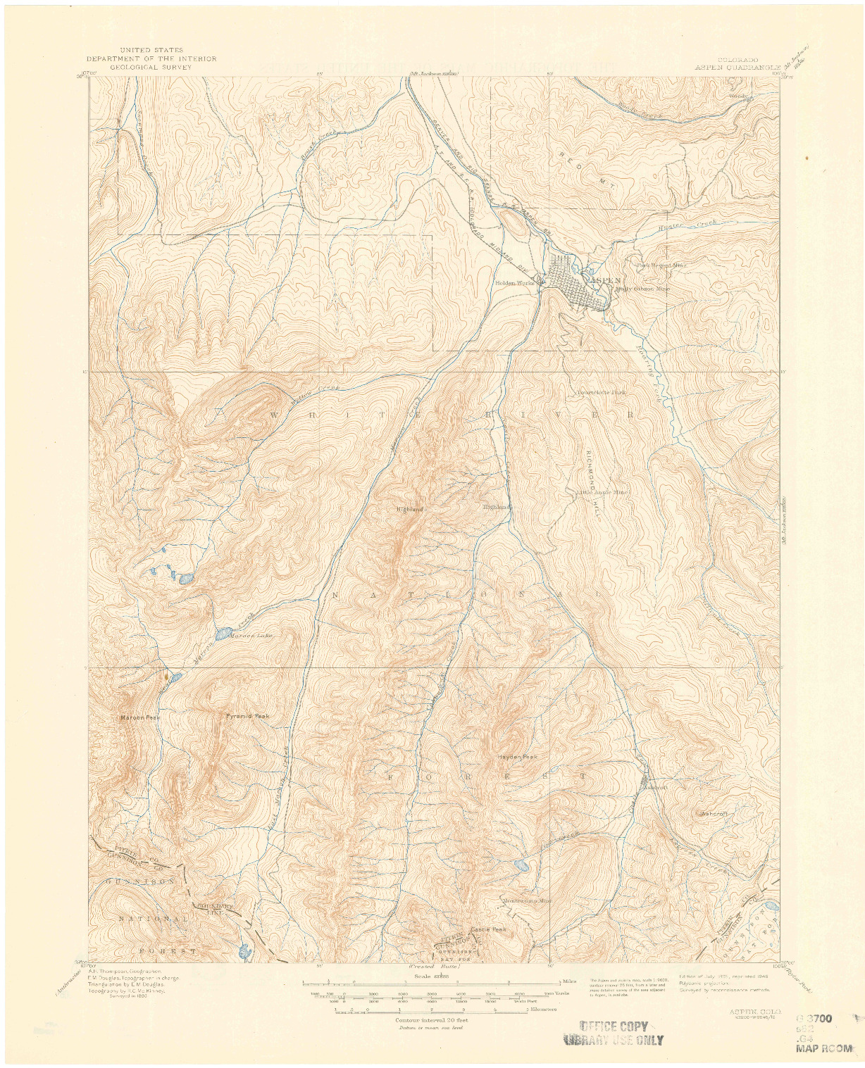 USGS 1:62500-SCALE QUADRANGLE FOR ASPEN, CO 1895