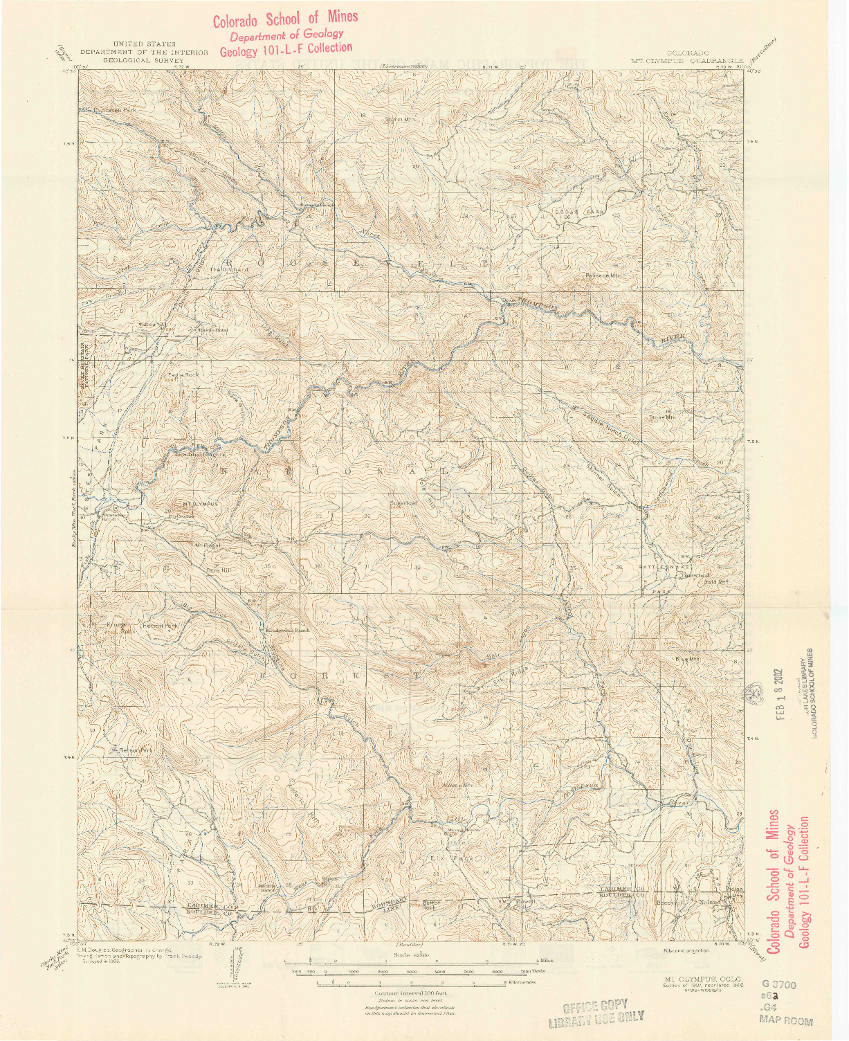 USGS 1:62500-SCALE QUADRANGLE FOR MOUNT OLYMPUS, CO 1907