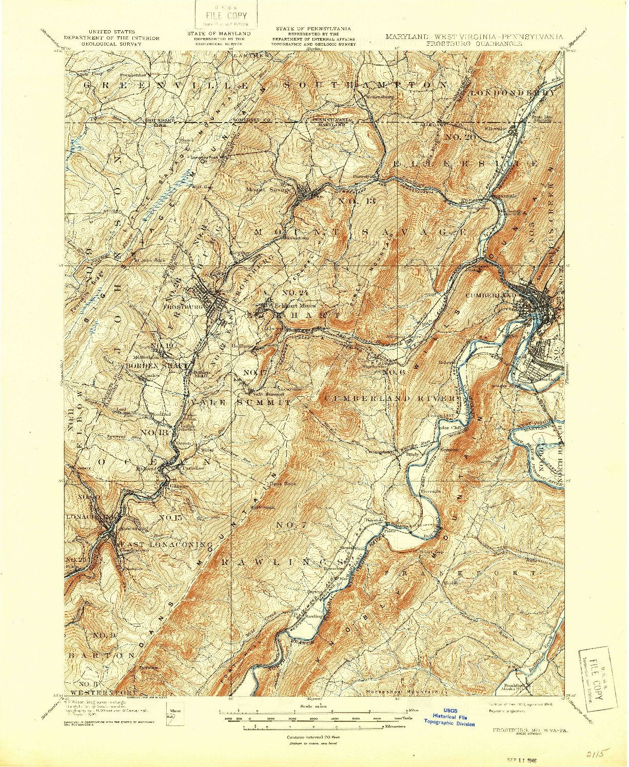 USGS 1:62500-SCALE QUADRANGLE FOR FROSTBURG, MD 1908