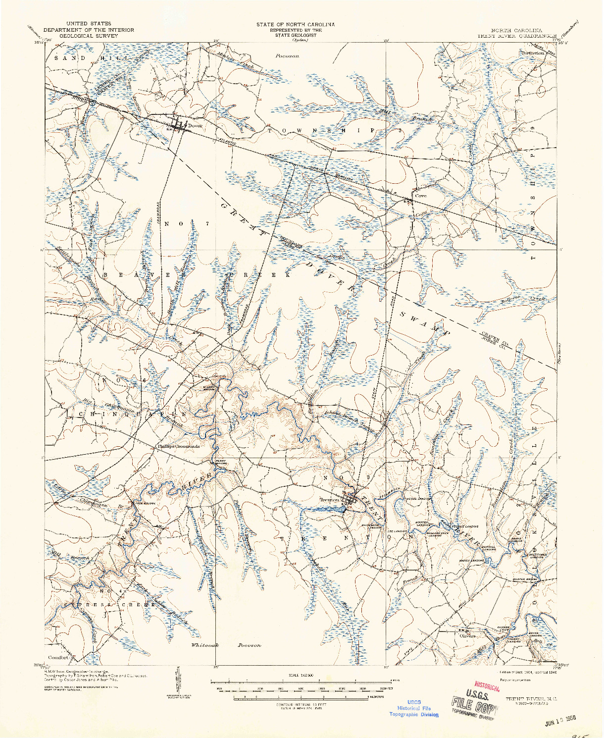 USGS 1:62500-SCALE QUADRANGLE FOR TRENT RIVER, NC 1904