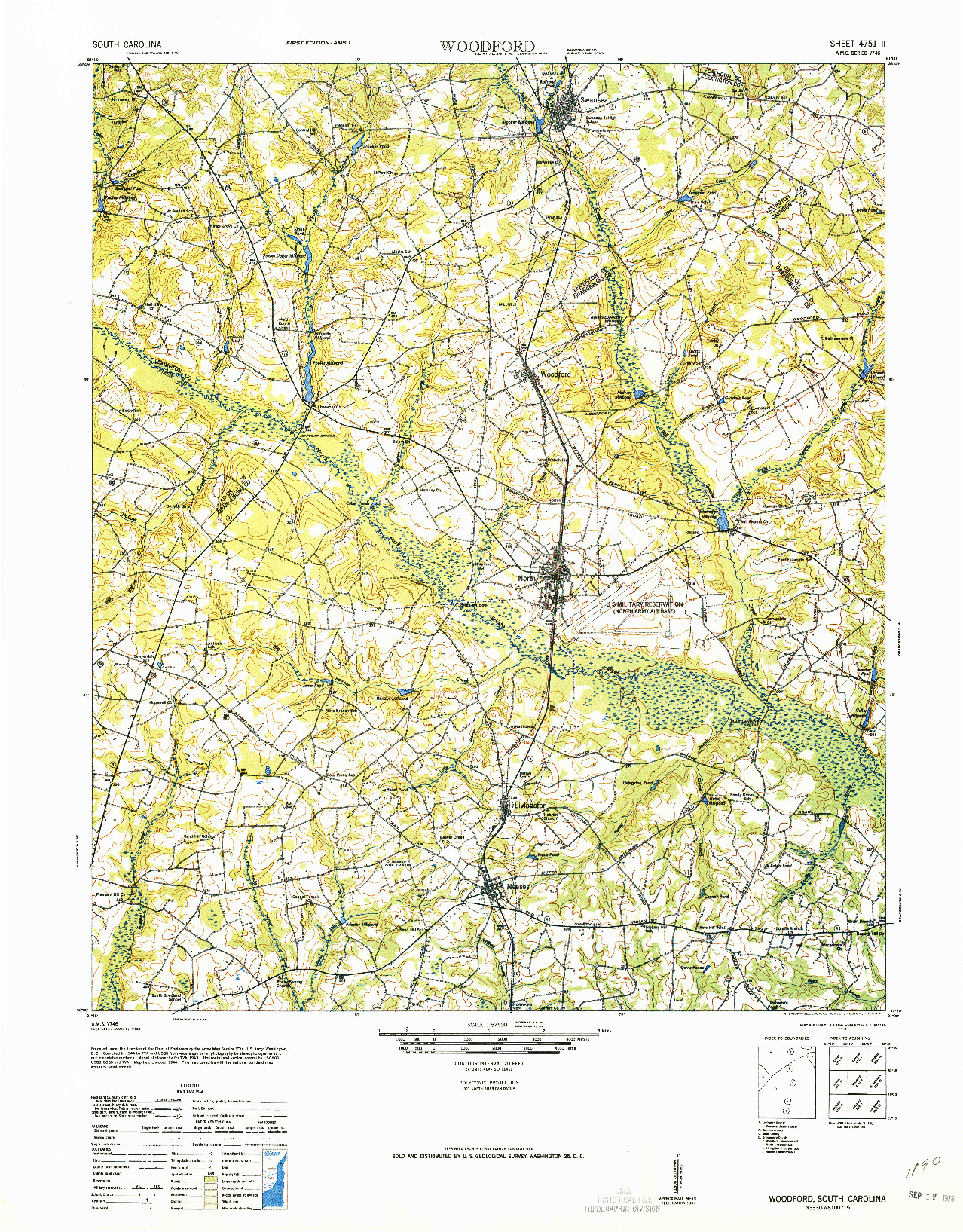 USGS 1:62500-SCALE QUADRANGLE FOR WOODFORD, SC 1946