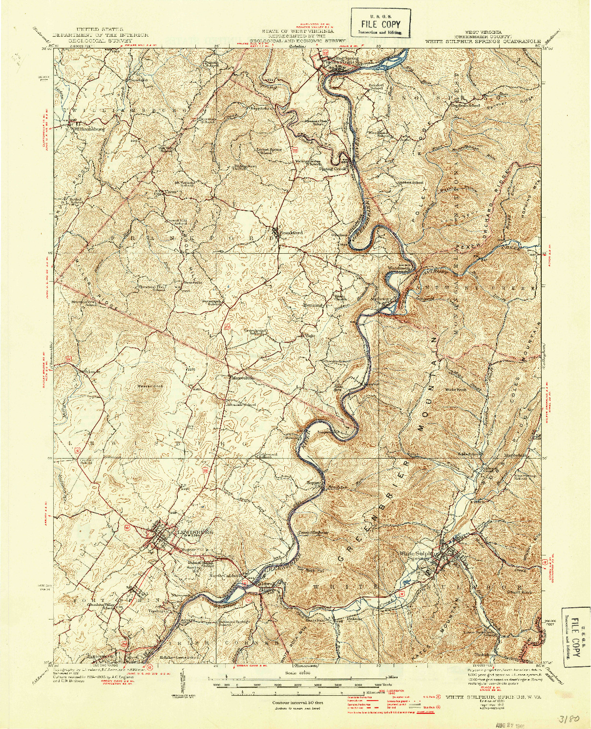 USGS 1:62500-SCALE QUADRANGLE FOR WHITE SULPHUR SPRINGS, WV 1939