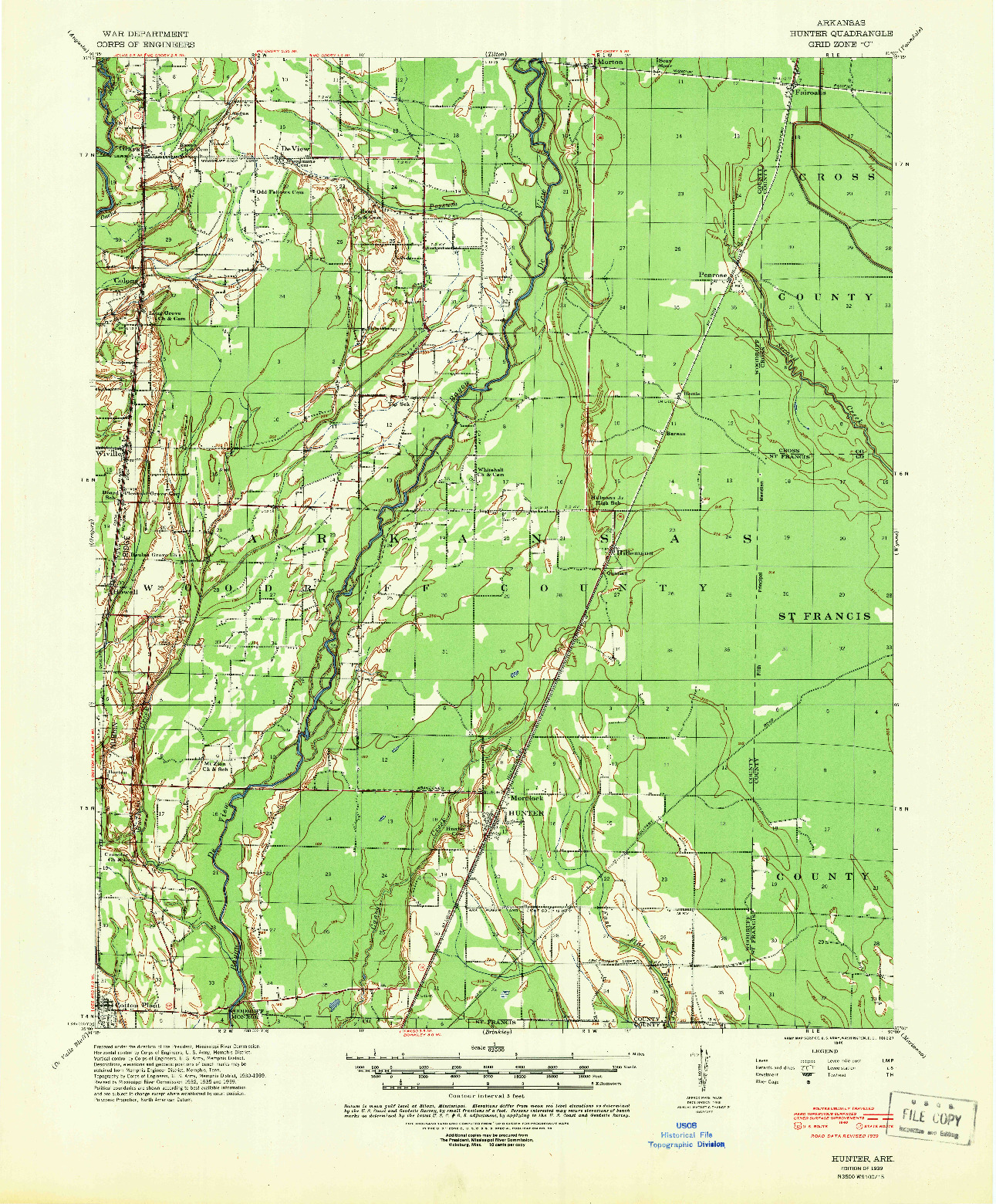 USGS 1:62500-SCALE QUADRANGLE FOR HUNTER, AR 1939