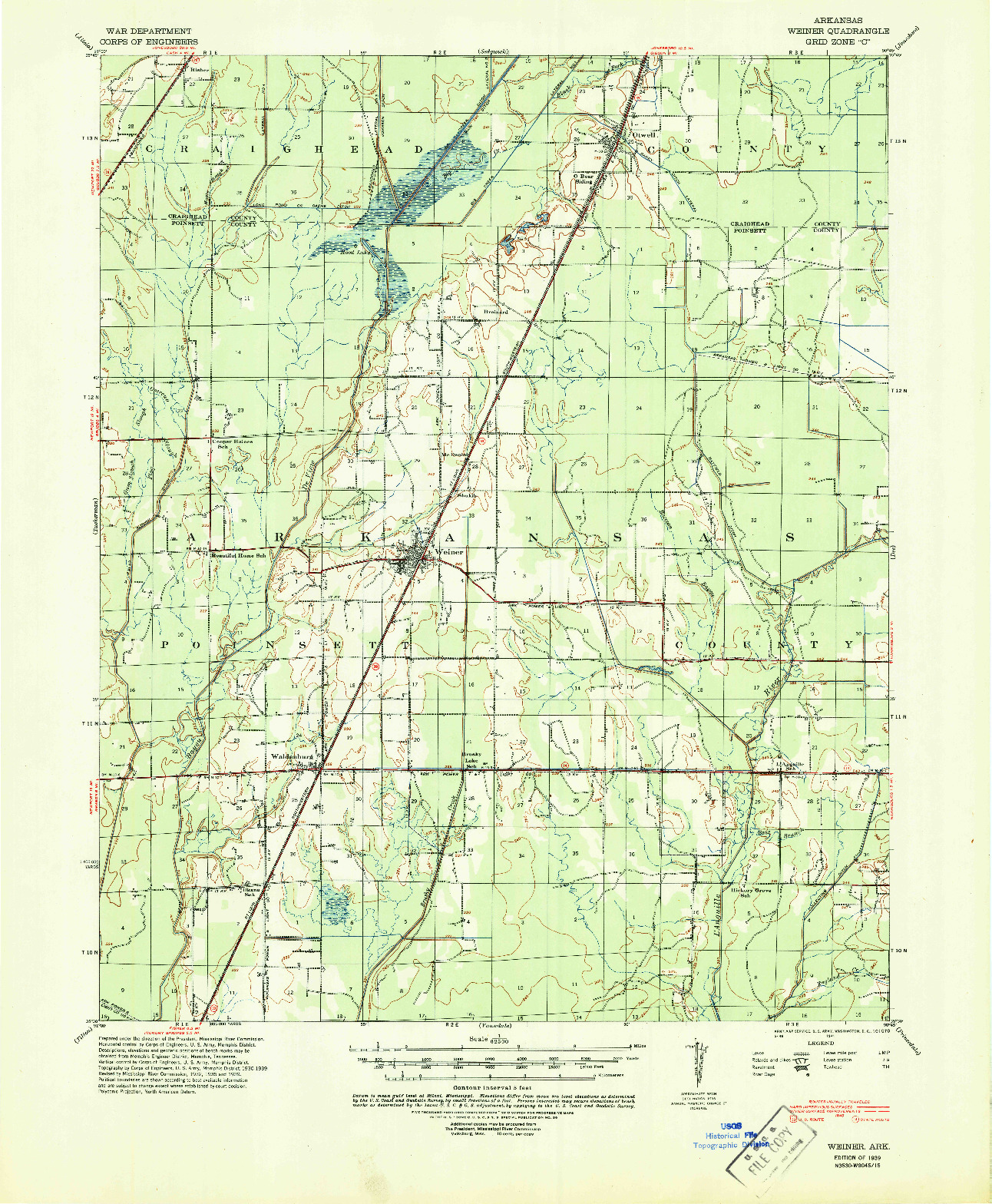 USGS 1:62500-SCALE QUADRANGLE FOR WEINER, AR 1939