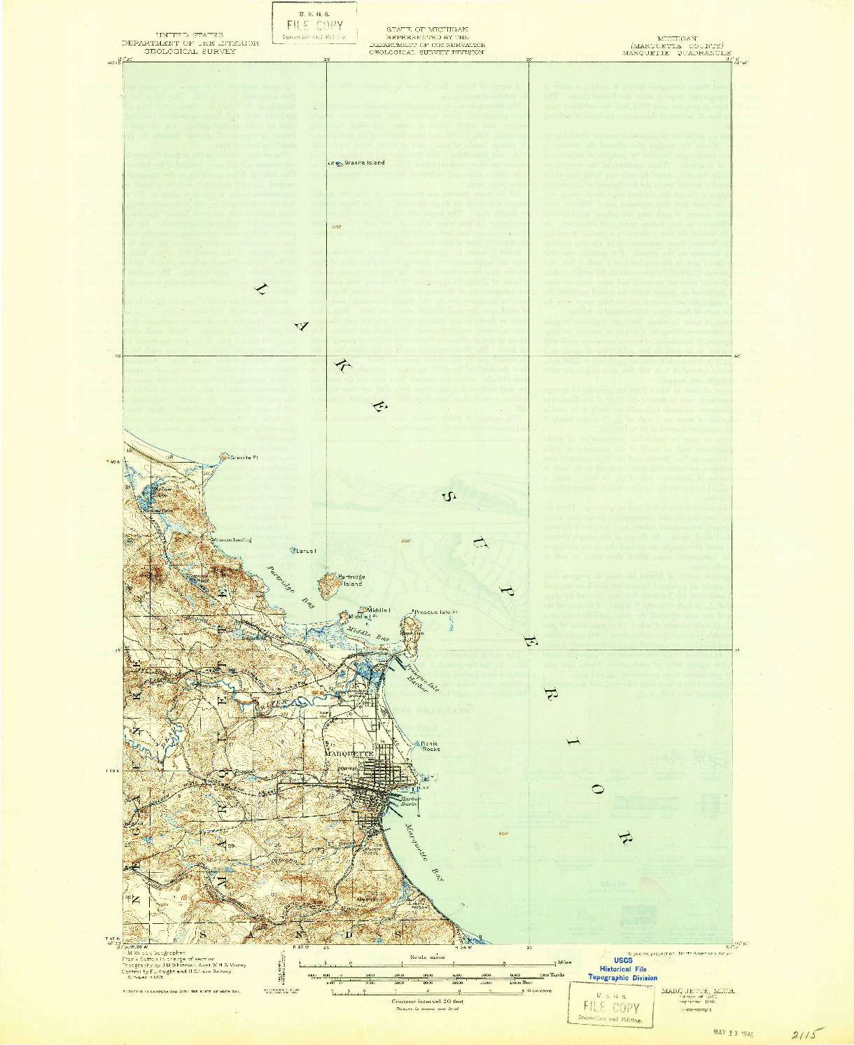 USGS 1:62500-SCALE QUADRANGLE FOR MARQUETTE, MI 1907