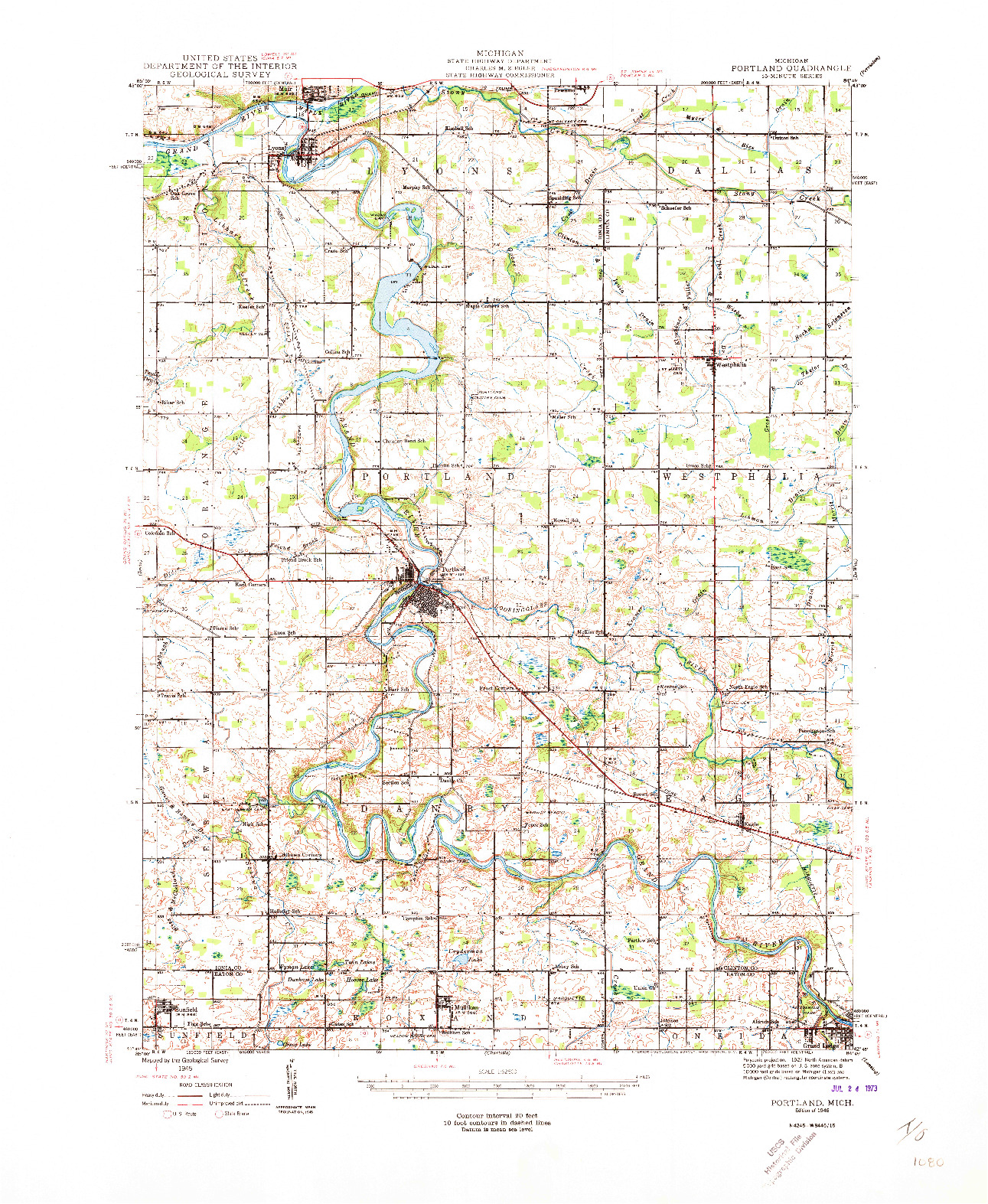 USGS 1:62500-SCALE QUADRANGLE FOR PORTLAND, MI 1945