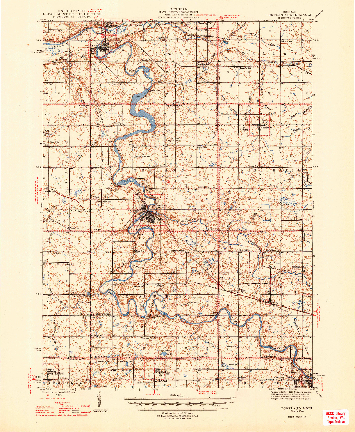 USGS 1:62500-SCALE QUADRANGLE FOR PORTLAND, MI 1945
