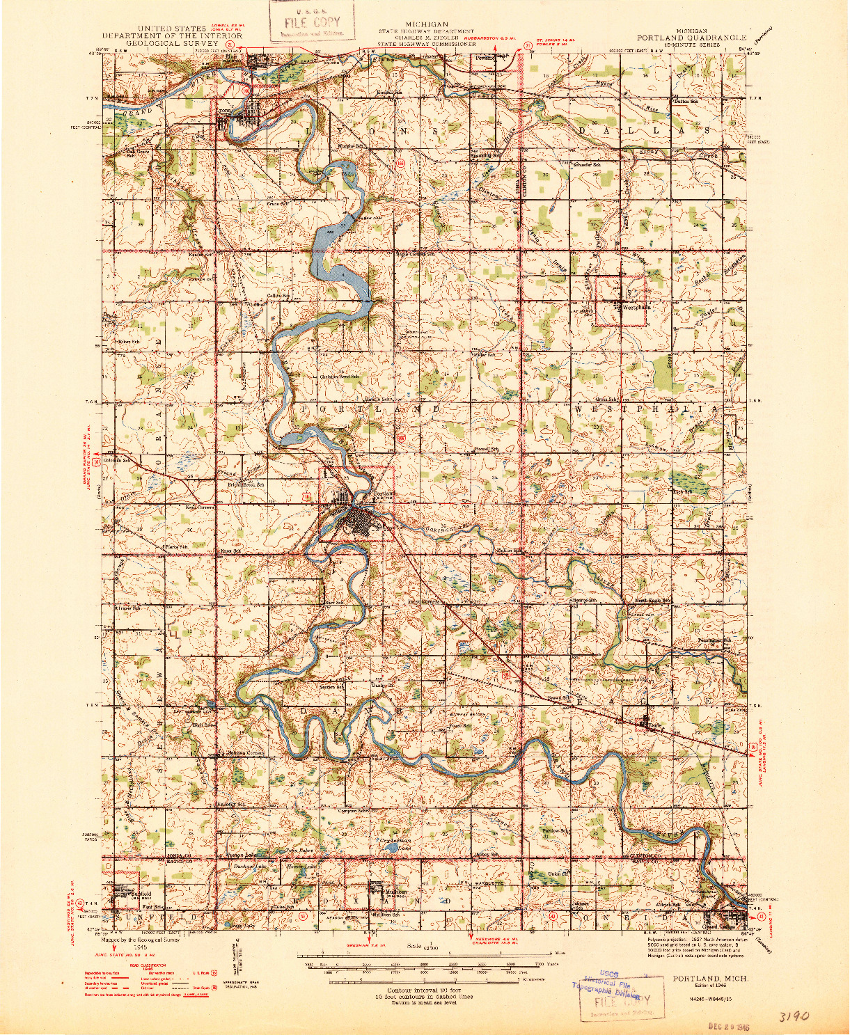 USGS 1:62500-SCALE QUADRANGLE FOR PORTLAND, MI 1945