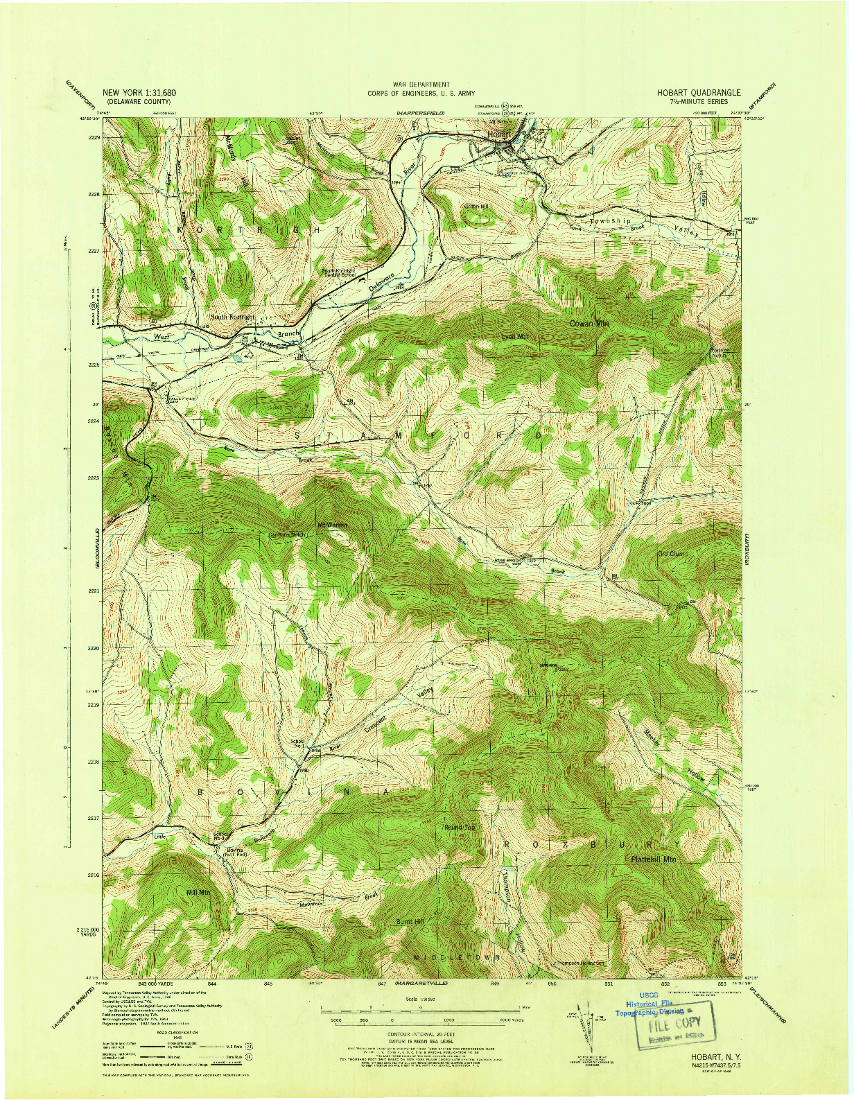 USGS 1:31680-SCALE QUADRANGLE FOR HOBART, NY 1946