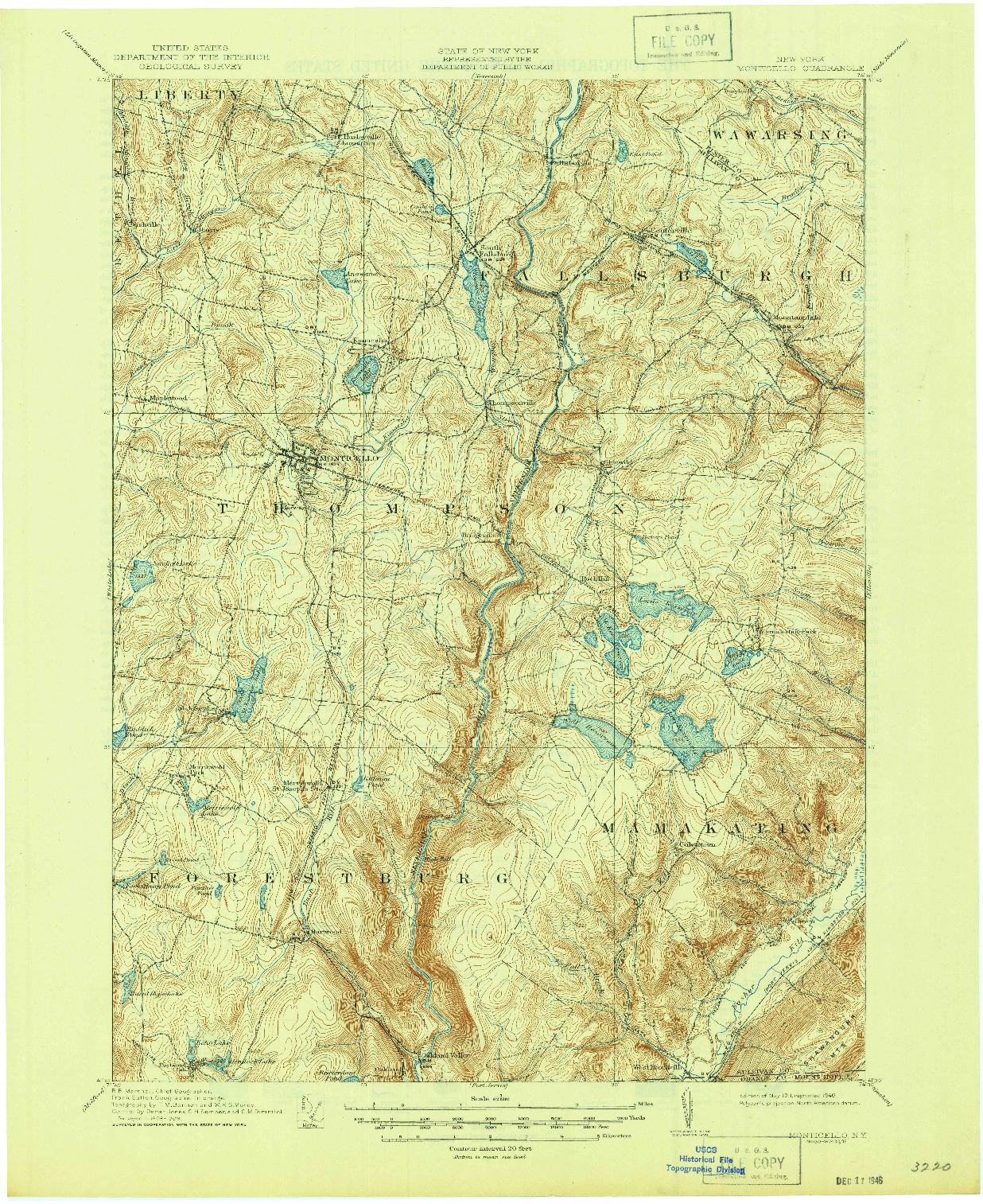 USGS 1:62500-SCALE QUADRANGLE FOR MONTICELLO, NY 1911