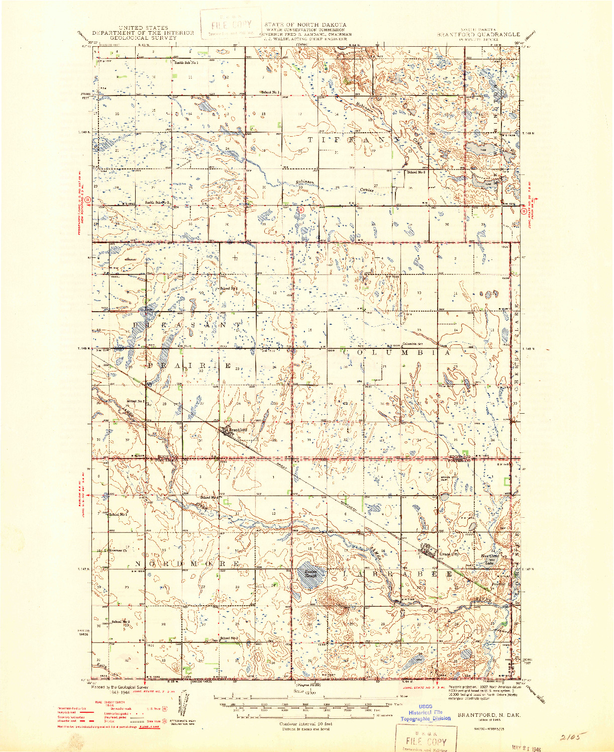 USGS 1:62500-SCALE QUADRANGLE FOR BRANTFORD, ND 1946