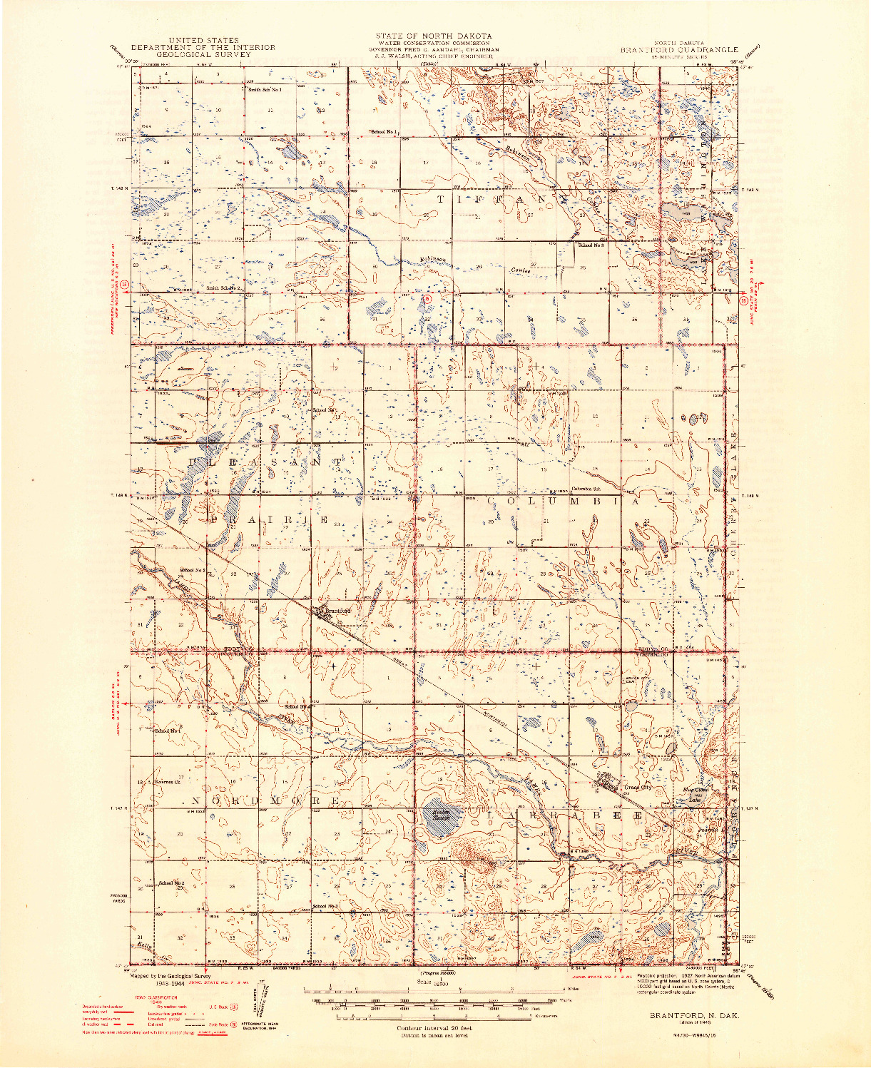 USGS 1:62500-SCALE QUADRANGLE FOR BRANTFORD, ND 1946