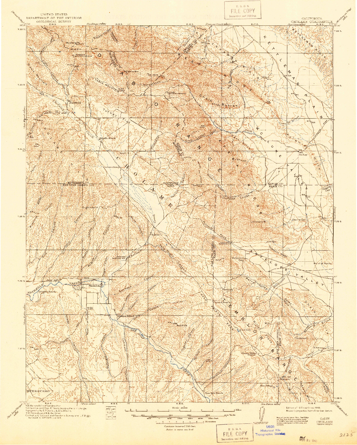 USGS 1:125000-SCALE QUADRANGLE FOR CHOLAME, CA 1917