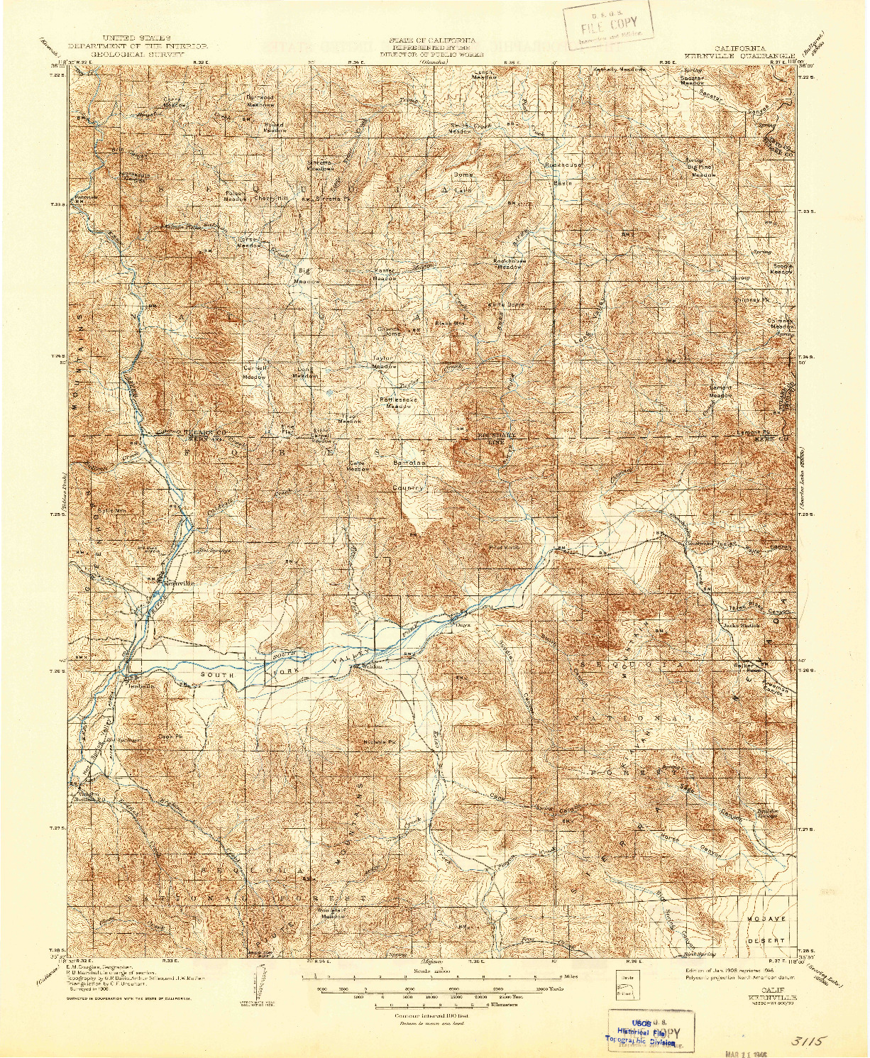 USGS 1:125000-SCALE QUADRANGLE FOR KERNVILLE, CA 1908