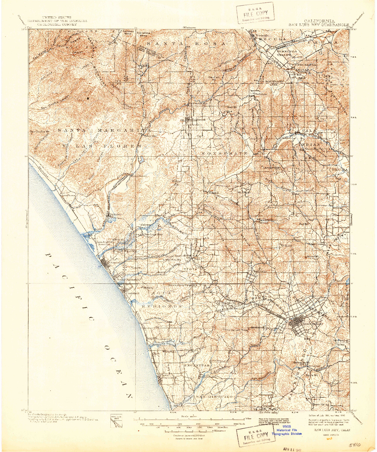 USGS 1:125000-SCALE QUADRANGLE FOR SAN LUIS REY, CA 1901