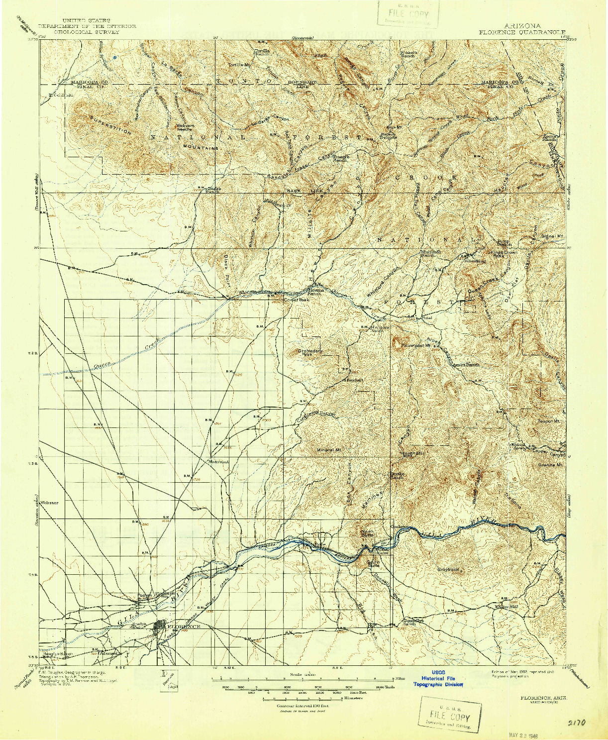 USGS 1:125000-SCALE QUADRANGLE FOR FLORENCE, AZ 1902