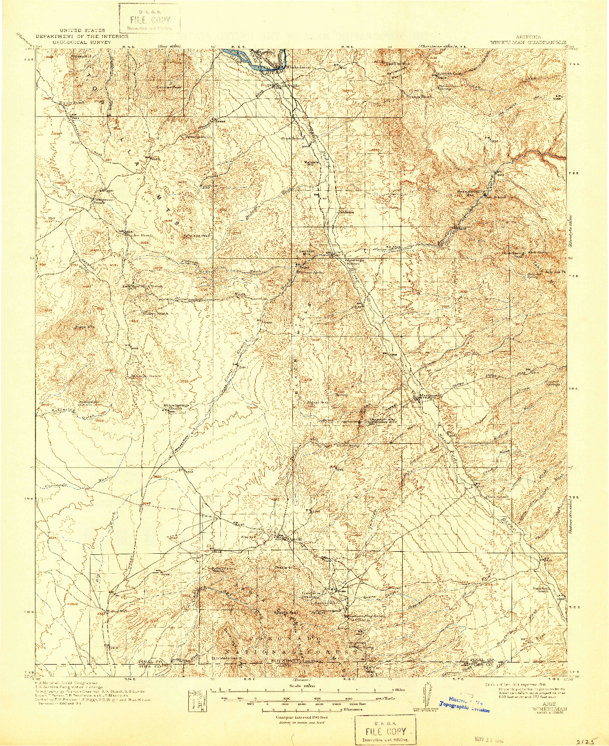 USGS 1:125000-SCALE QUADRANGLE FOR WINKELMAN, AZ 1913