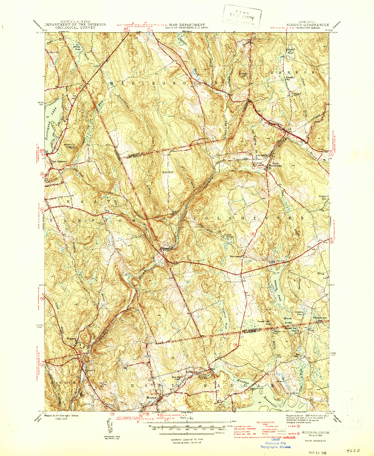 USGS 1:31680-SCALE QUADRANGLE FOR MOODUS, CT 1946