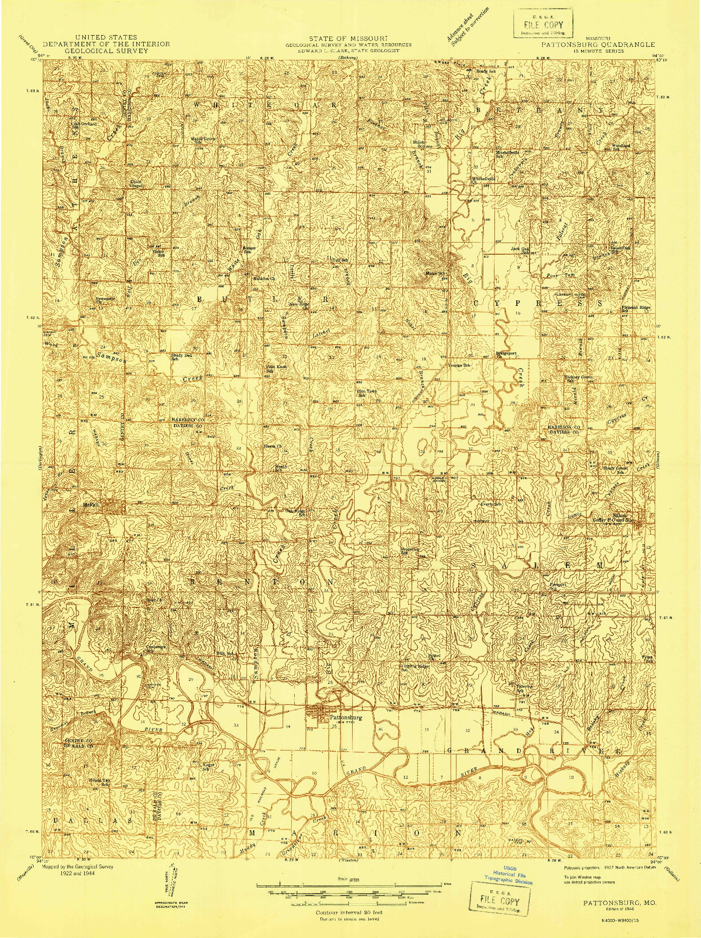 USGS 1:48000-SCALE QUADRANGLE FOR PATTONSBURG, MO 1946