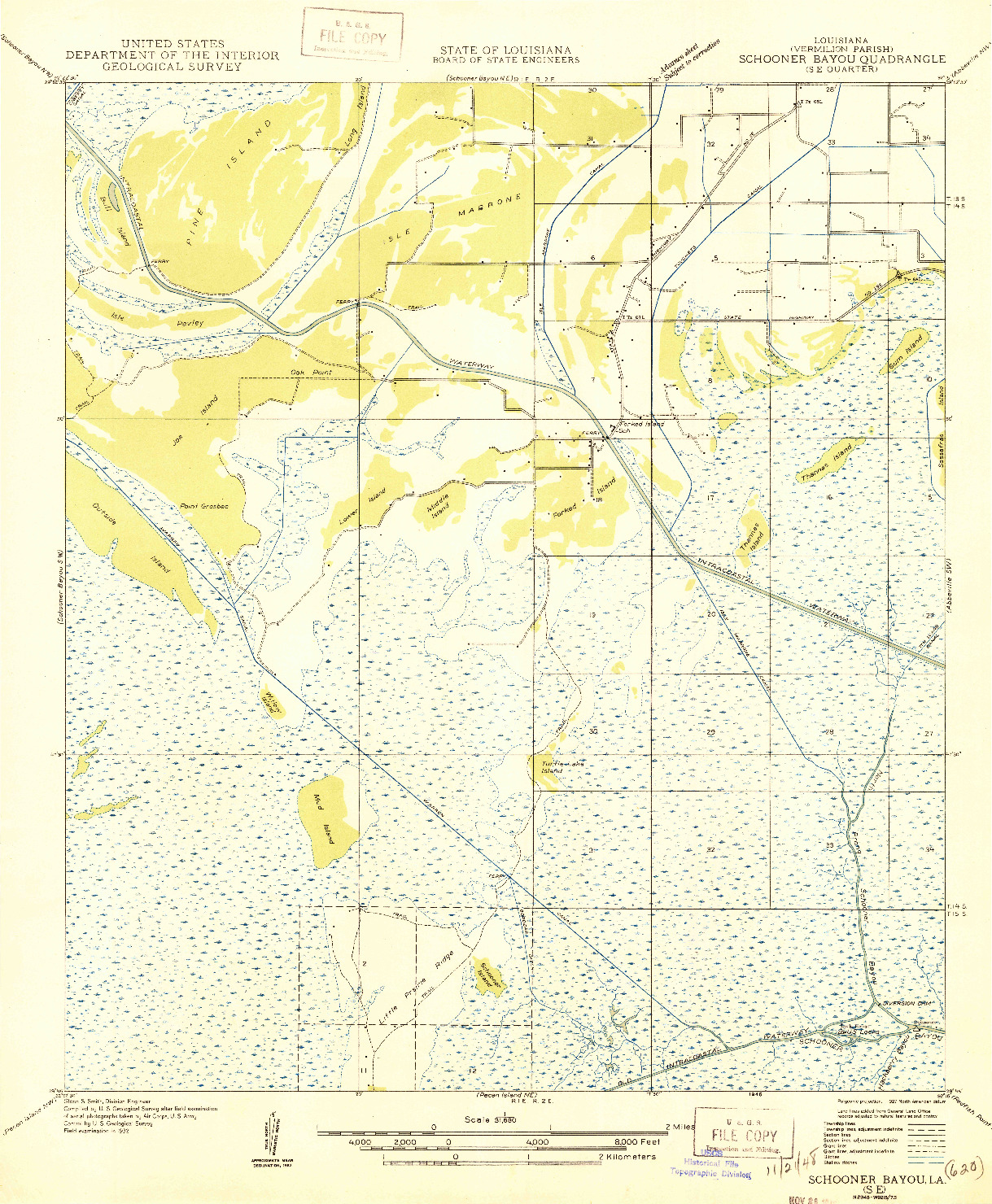 USGS 1:31680-SCALE QUADRANGLE FOR SCHOONER BAYOU SE, LA 1946